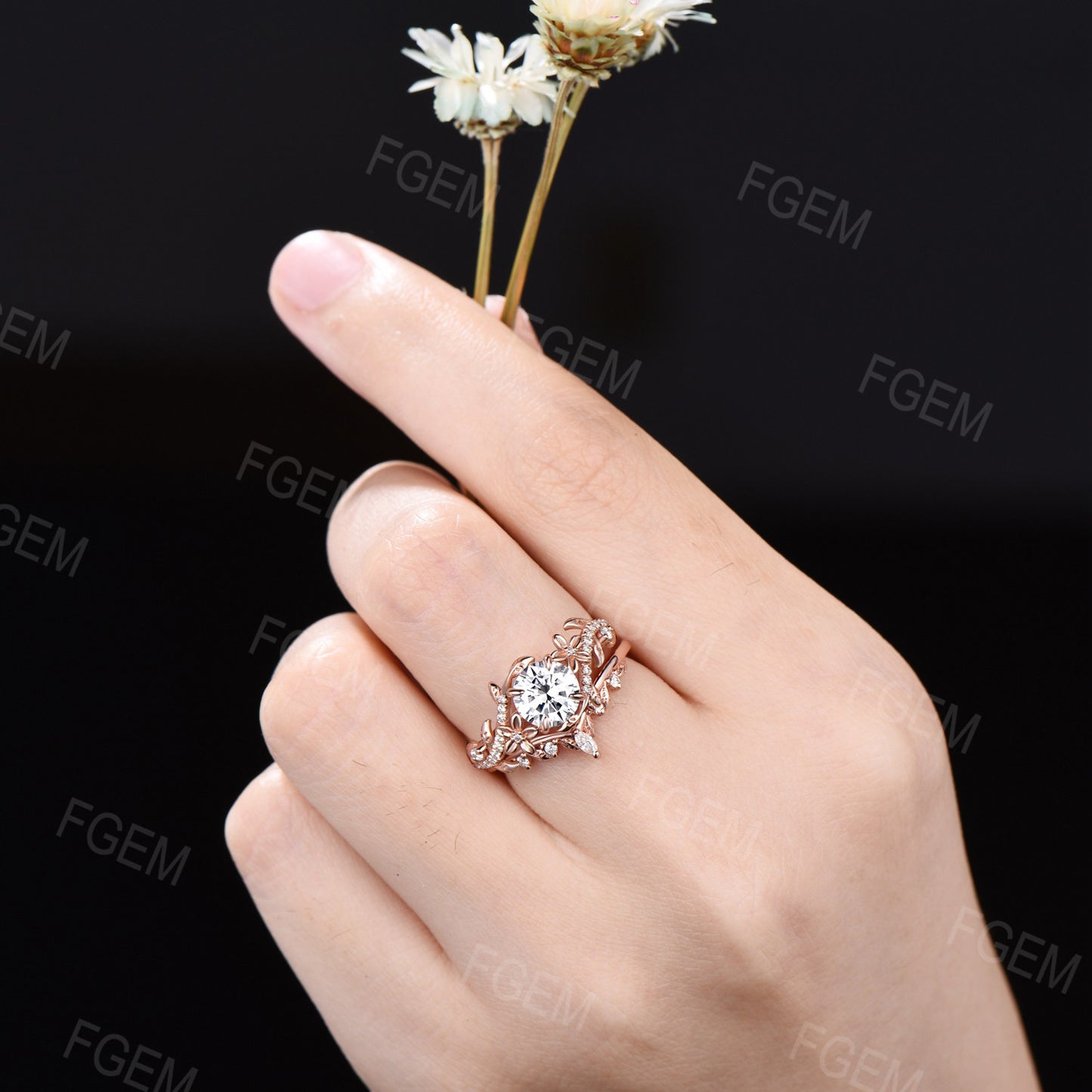 Floral Round Moissanite Ring Set Nature Inspired Moissanite Ring Branch Vine Bridal Set Unique Women Gift