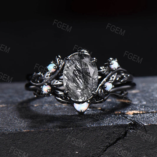 Vintage Black Rutilated Quartz Engagement Ring Oval Natural Black Gemstone Ring Black Gold White Opal Wedding Ring Anniversary Gift for Him