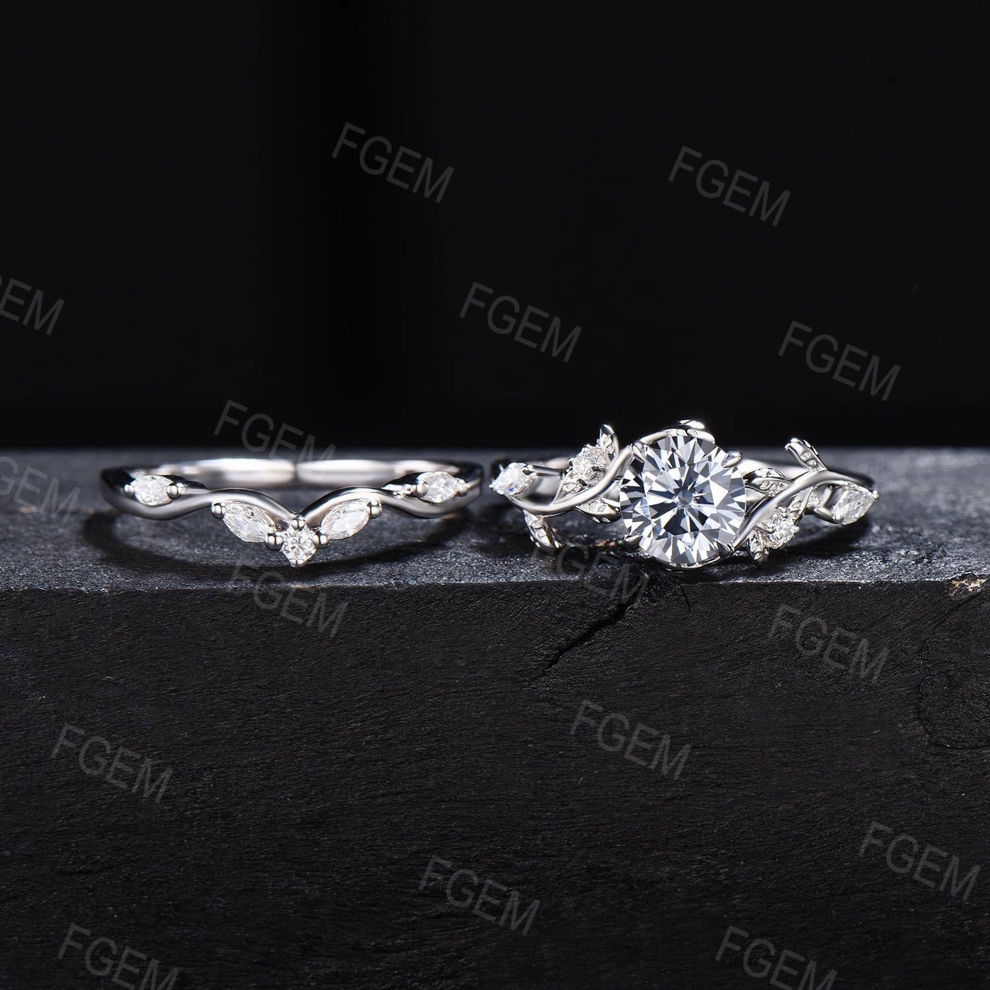 1ct Round Cut Grey Moissanite Wedding Ring Set 14K Gold Leaf Engagement Ring Vine Branch Moissanite Promise Ring Botanical Anniversary Gift
