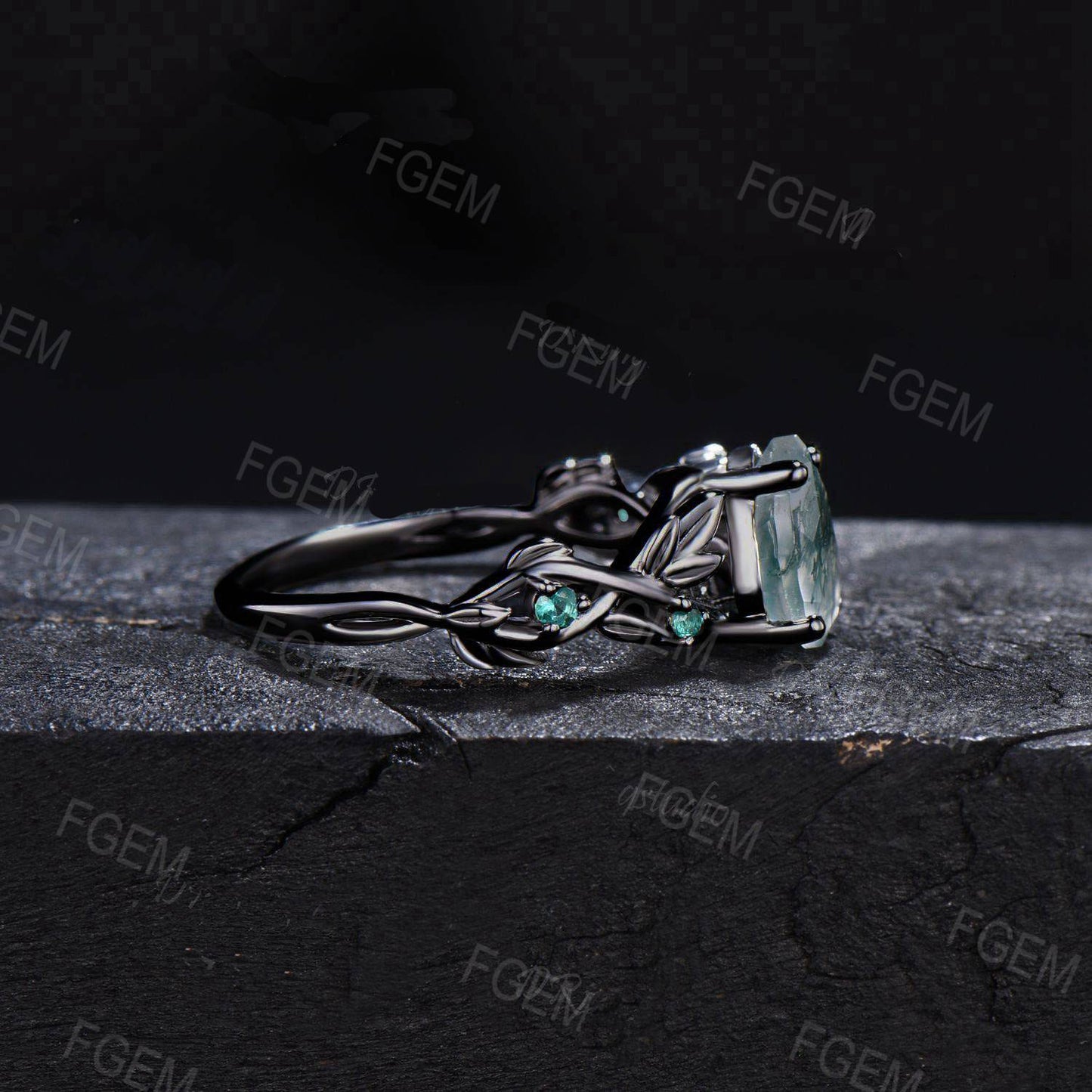 Black Gold Twig Ring Teardrop Natural Moss Agate Engagement Ring Branch Leaf Emerald Agate Stone Wedding Ring Green Gemstone Proposal Gifts