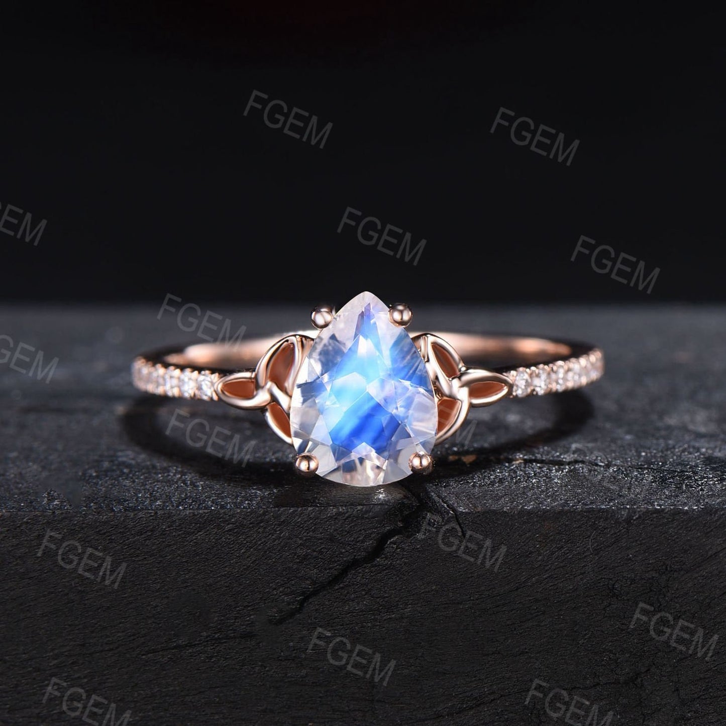 Celtic Moonstone Engagement Ring Set 10K Rose Gold 1.25ct Pear Natural Moonstone Wedding Ring Set Half Eternity Moissanite Trinity Knot Ring