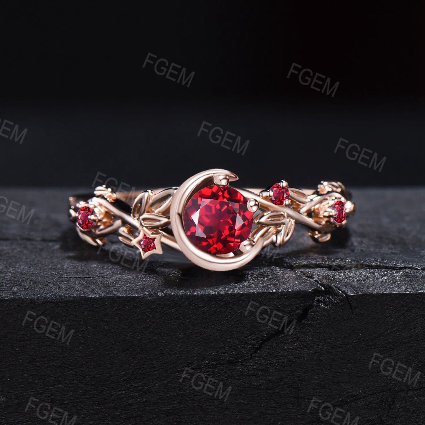Moon Star Design Round Ruby Jewelry 10K Rose Gold Nature Inspired 5mm Red Ruby Promise Ring Anniversary Ring For Women July Birthstone Gifts