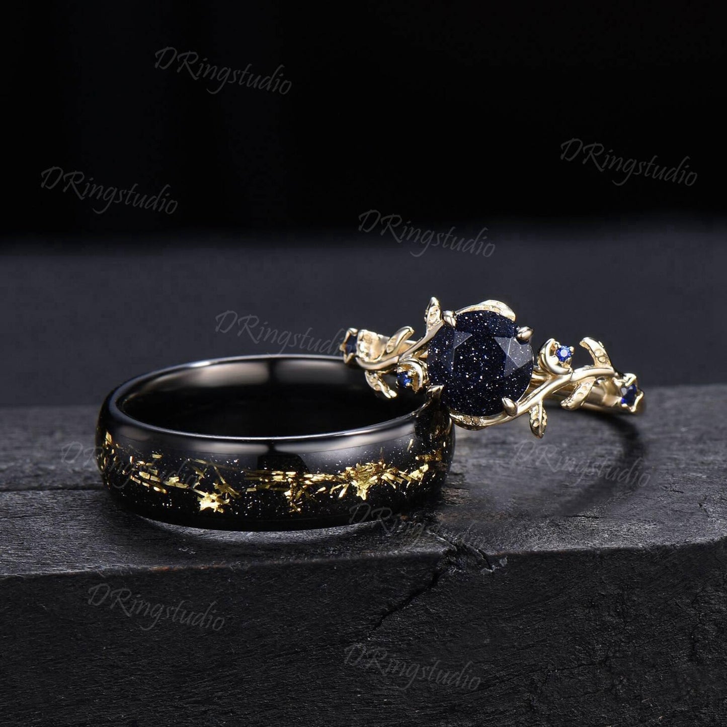 Starry Sky Blue Sandstone Couple Rings Set Vintage Gold Foil Tungsten Wedding Band 14k Gold Celestial Galaxy Engagement Ring for Her & Him