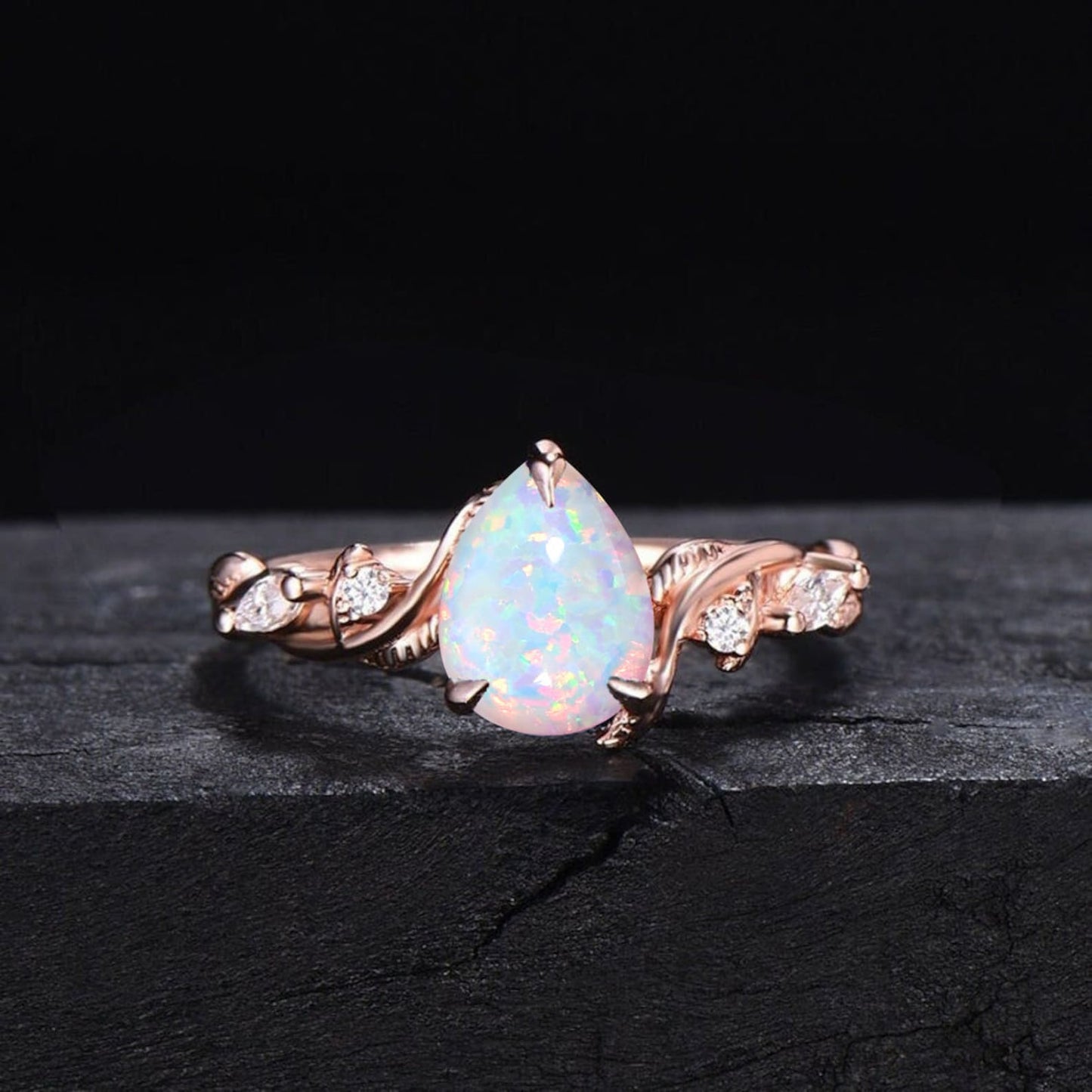 Nature Inspired White Opal Ring Set Vintage 1.25ct Pear Shaped Branch Twig Moonstone Opal Engagement Ring Twist Leaf Fire Opal Wedding Ring