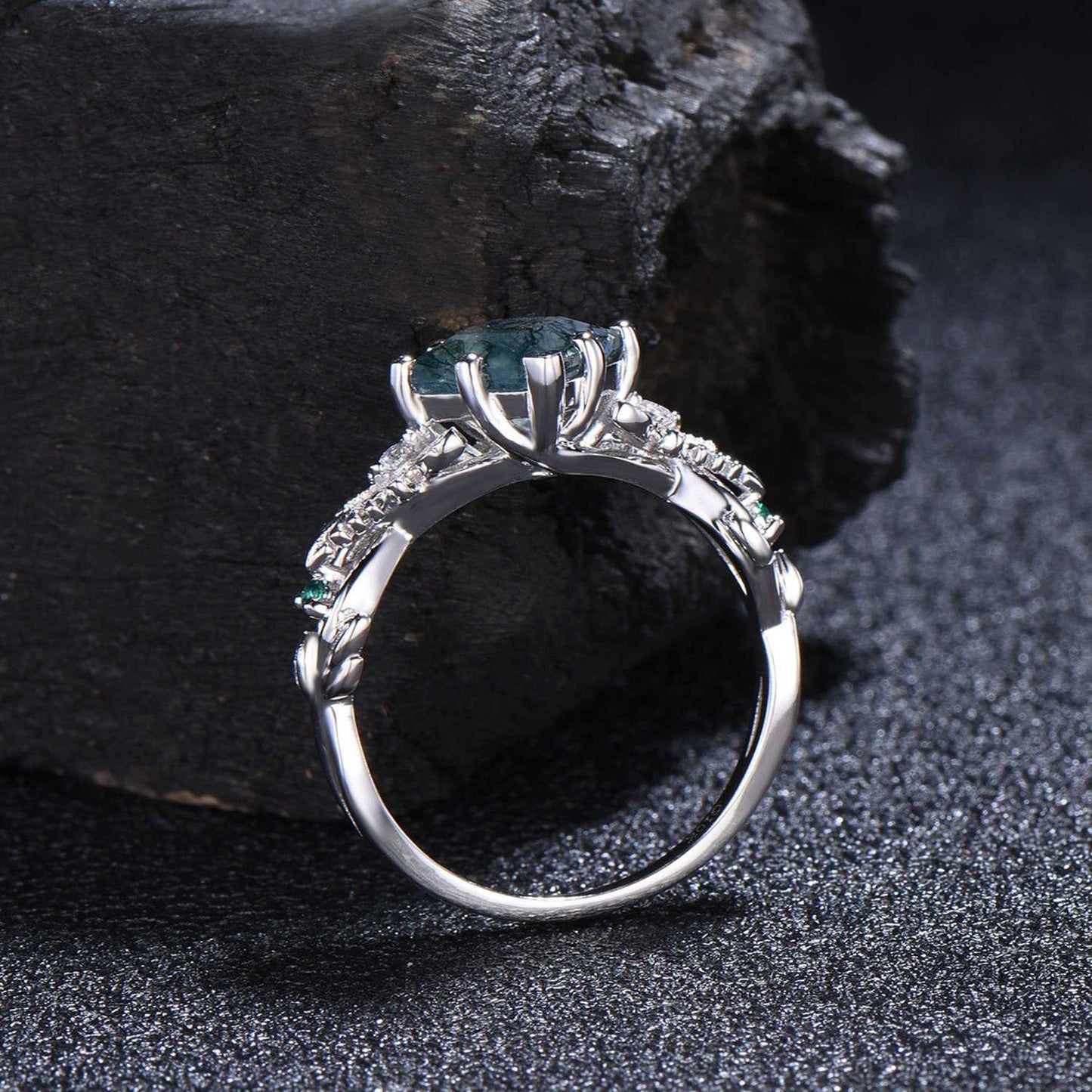 White Gold Butterfly Ring Unique Princess Cut Natural Moss Agate Engagement Ring Hollow Butterfly Aquatic Agate Ring Proposal Gifts For Her
