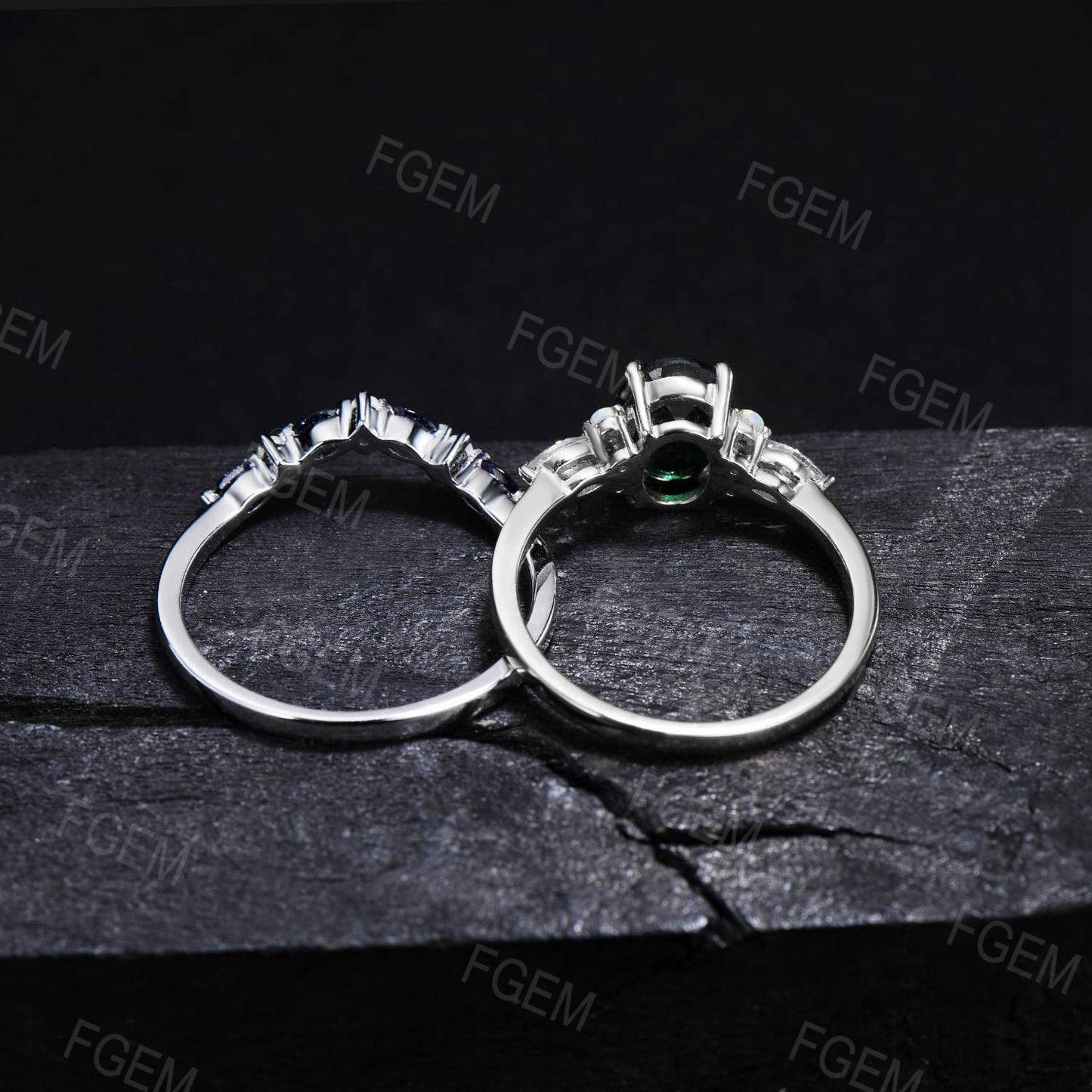 1.5ct Oval Galaxy Blue Sandstone Engagement Ring Set Art Deco Moissanite Opal Bridal Set Sterling Silver Starry Goldstone Ring Proposal Gift