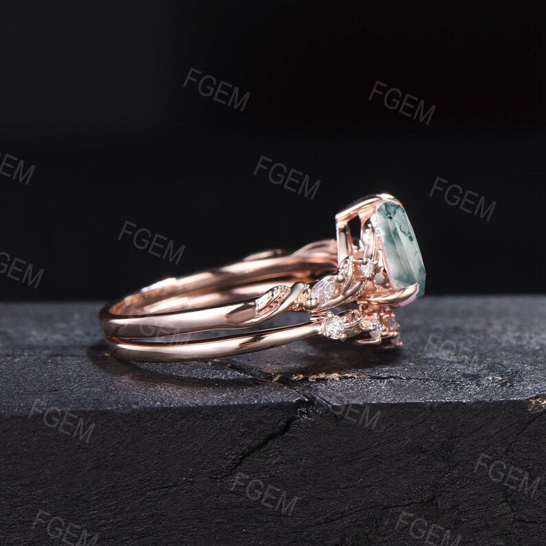 Branch Twig Design 1.25CT Pear Cut Natural Moss Agate Engagement Ring Set Vintage 14K Rose Gold Nature Inspired Moss Moissanite Wedding Ring