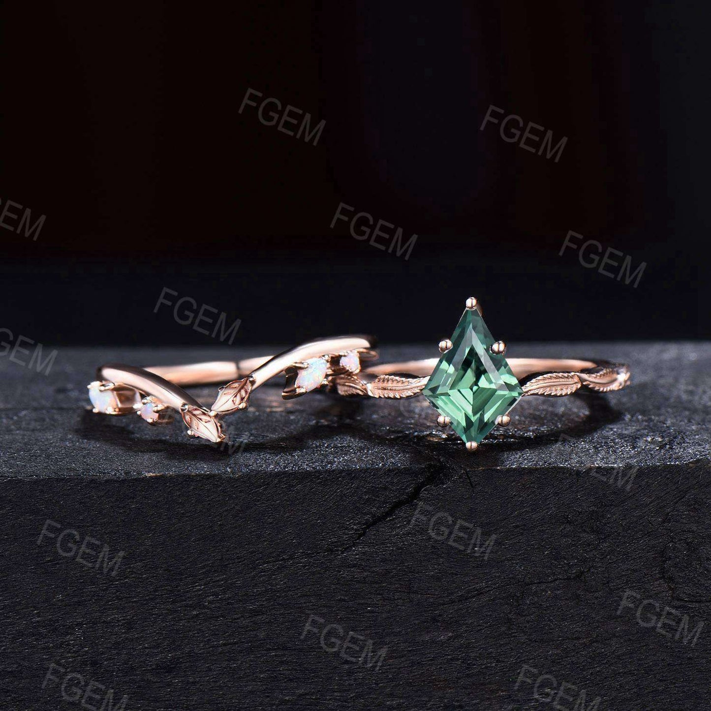 Nature Inspired Kite Cut Green Sapphire Ring Set Leaf Band Teal sapphire Solitaire Bridal Set Vintage Opal Wedding Ring Set Birthstone Gifts