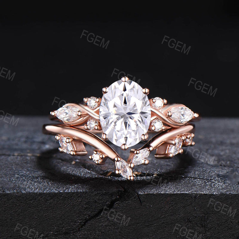 1.5ct Oval Moissanite Engagement Ring Set Vintage 14K Rose Gold Oval Wedding Ring Moissanite Diamond Bridal Set Anniversary Gift for Women