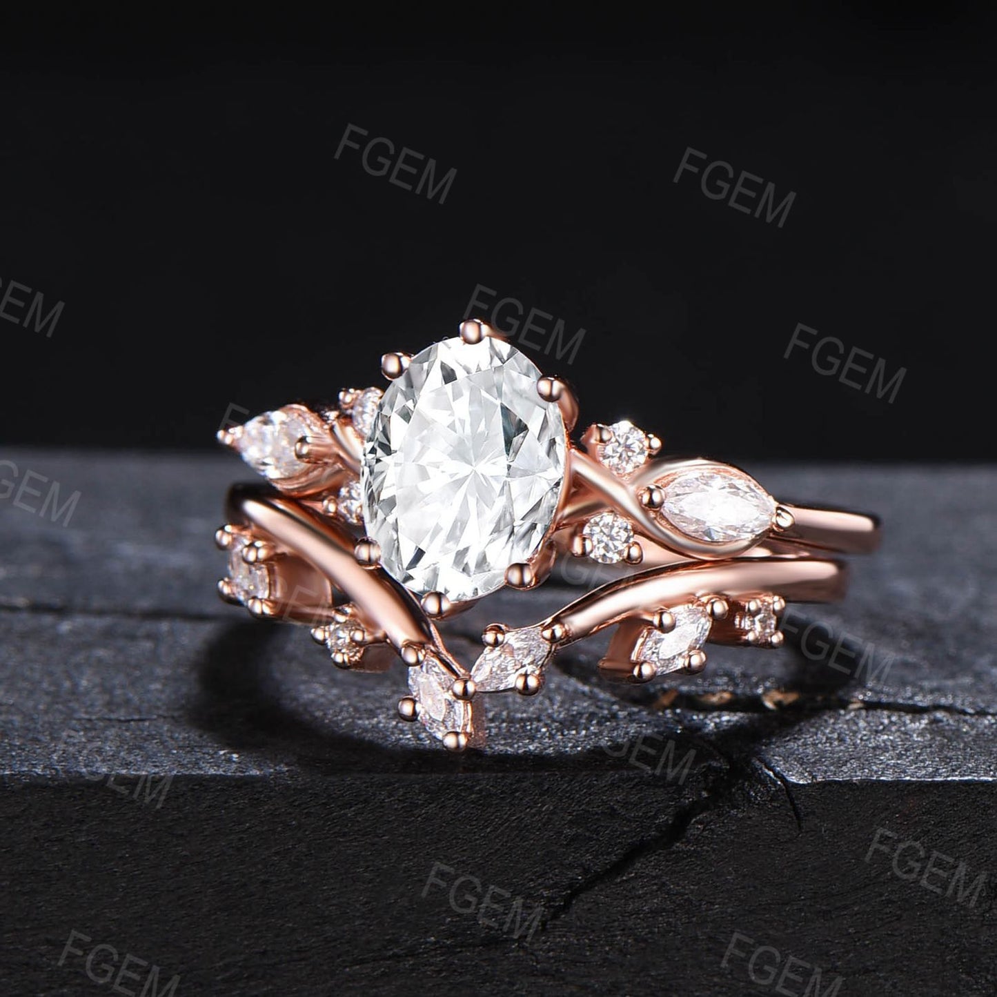 1.5ct Oval Moissanite Engagement Ring Set Vintage 14K Rose Gold Oval Wedding Ring Moissanite Diamond Bridal Set Anniversary Gift for Women