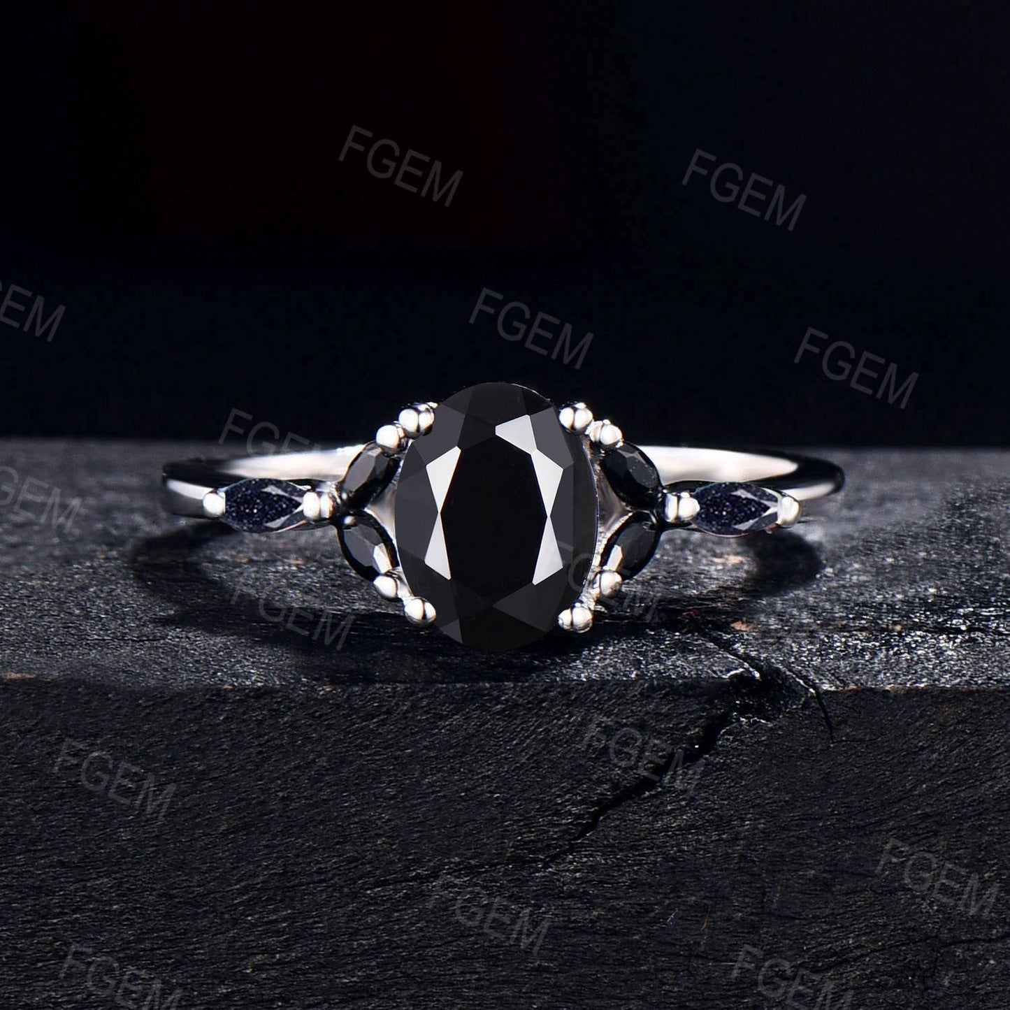 1.5ct Oval Black Onyx Ring Set Natural Healing Crystal Split Bridal Set Vintage Blue Sandstone Black Spinel Cluster Wedding Ring Women Gifts