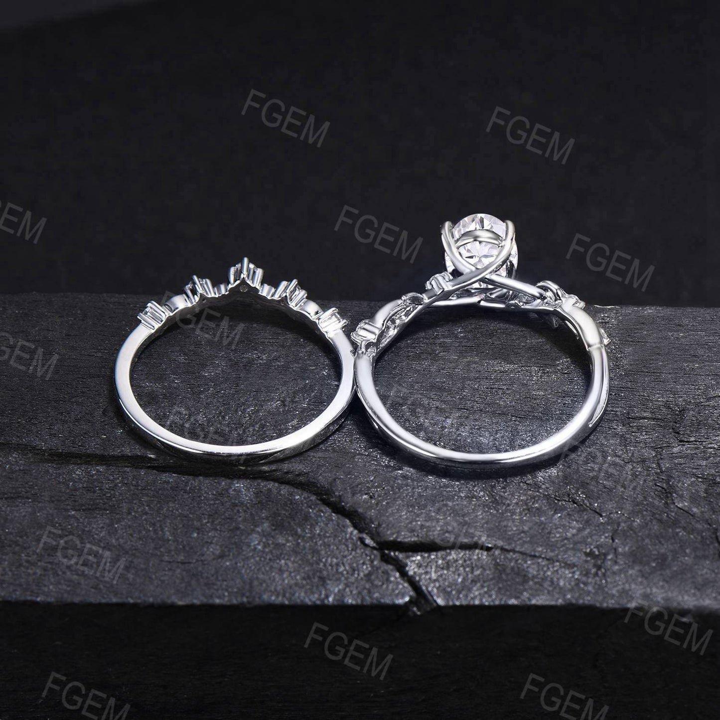 Nature Inspired Oval Aquamarine Engagement Ring Set White Gold Twig Leaf Vine Moissanite Bridal Set March Birthstone Ring Anniversary Gift