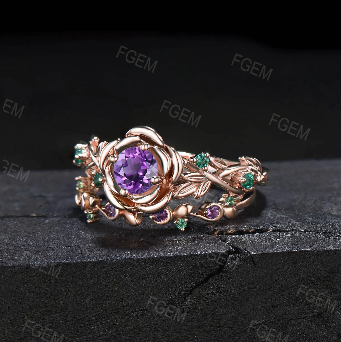 Rose Flower Natural Amethyst Bridal Set Leaf Nature Inspired Round Emerald Amethyst Engagement Ring Set Real Crystal Twig Vine Wedding Ring