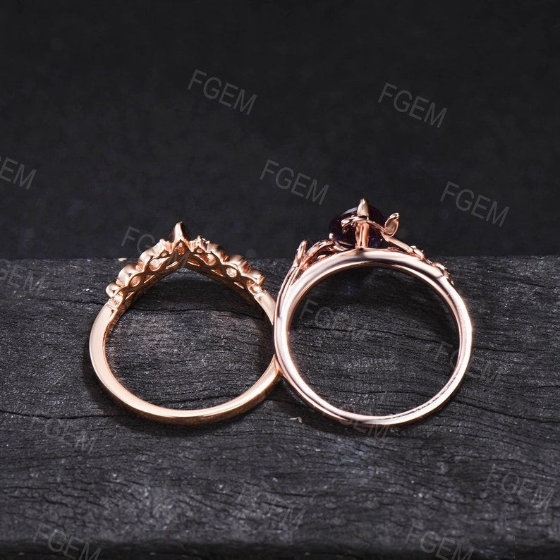 1ct Hexagon Nature Inspired Moss Agate Wedding Ring Set Rose Gold Vintage Branch Leaf Emerald Alexandrite Bridal Set Unique Promise Gifts