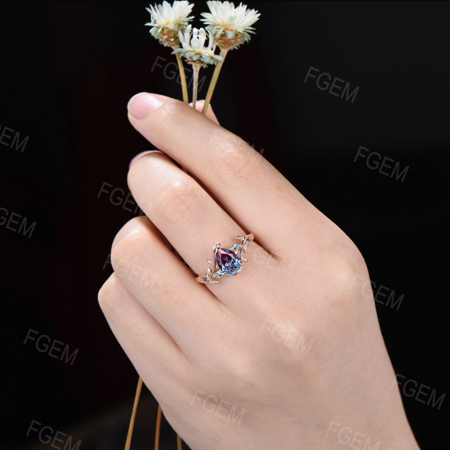 1.25ct Pear Nature Inspired Branch Color-Change Alexandrite Wedding Ring 10K Rose Gold Cluster Moss Agate Ring Unique June Birthstone Gifts