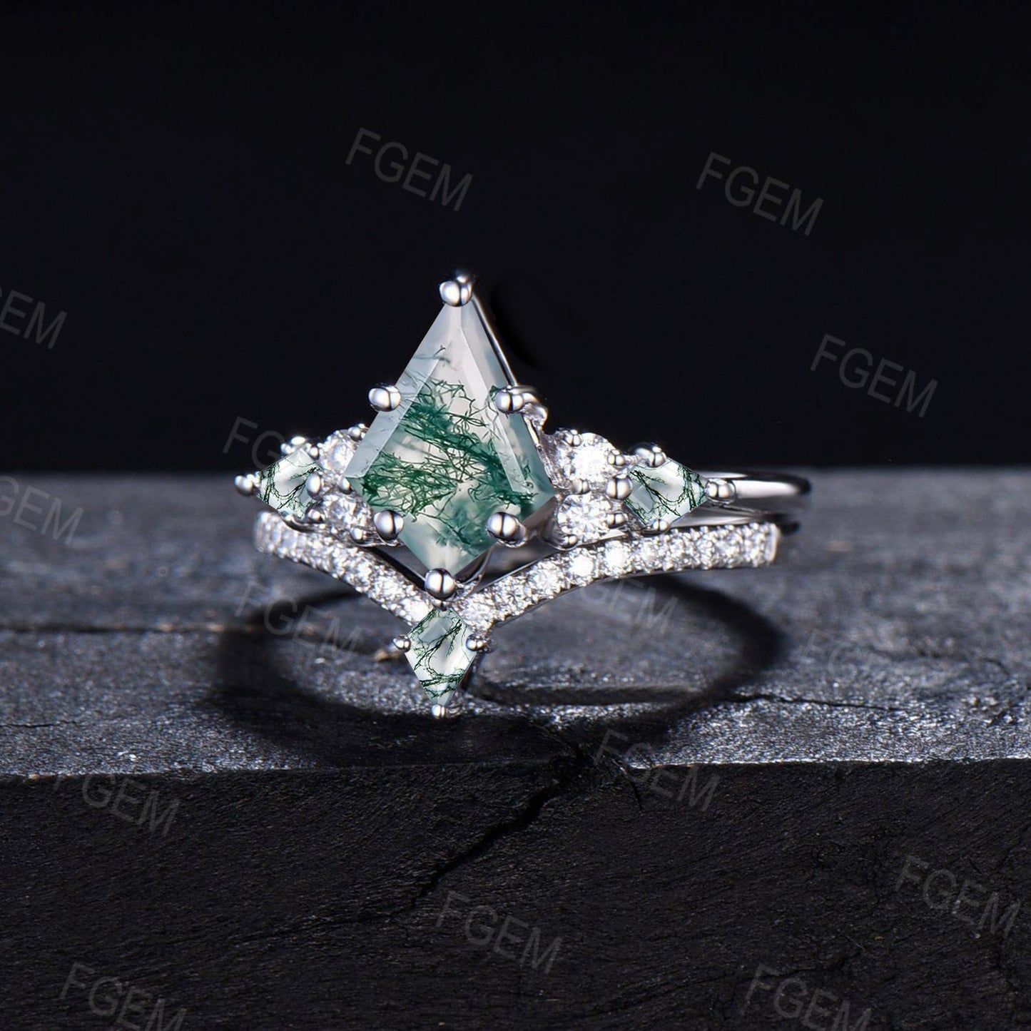 Unique Natural Moss Agate Wedding Ring Vintage 10K14K18K White Gold Kite Moss Agate Moissanite Bridal Set Unique Anniversary Promise Gifts