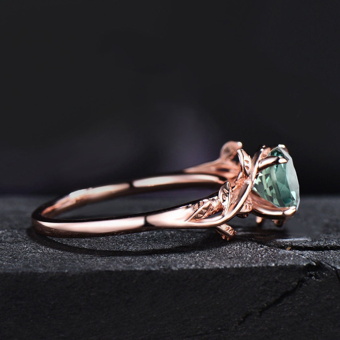 Nature Inspired Round Green Sapphire Floral Wedding Ring Green Emerald Ring Branch Promise Ring Unique Graduation/Anniversary Gifts
