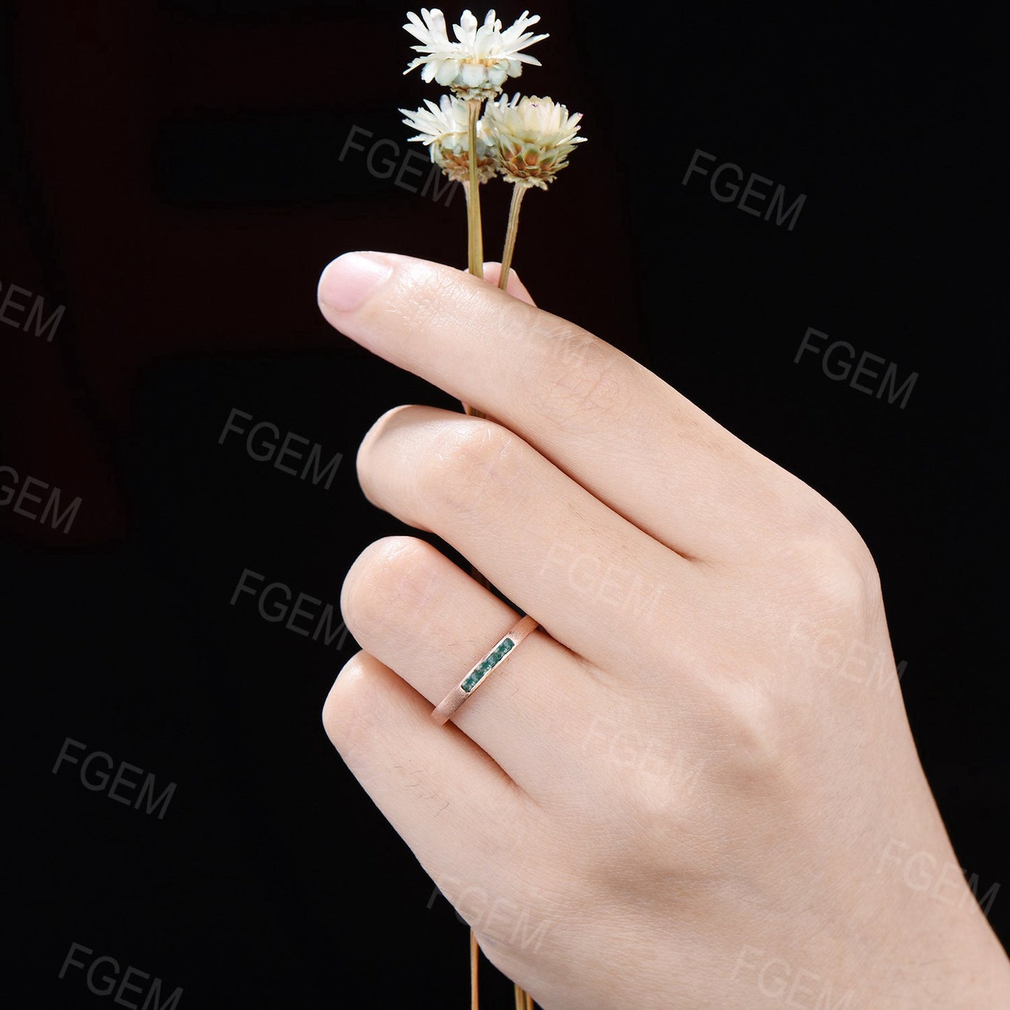 2.5mm Baguette Natural Moss Agate Wedding Band 14k Rose Gold Brushed Band Ring Vintage Green Moss Stackable Bridal Band Birthday Women Gift