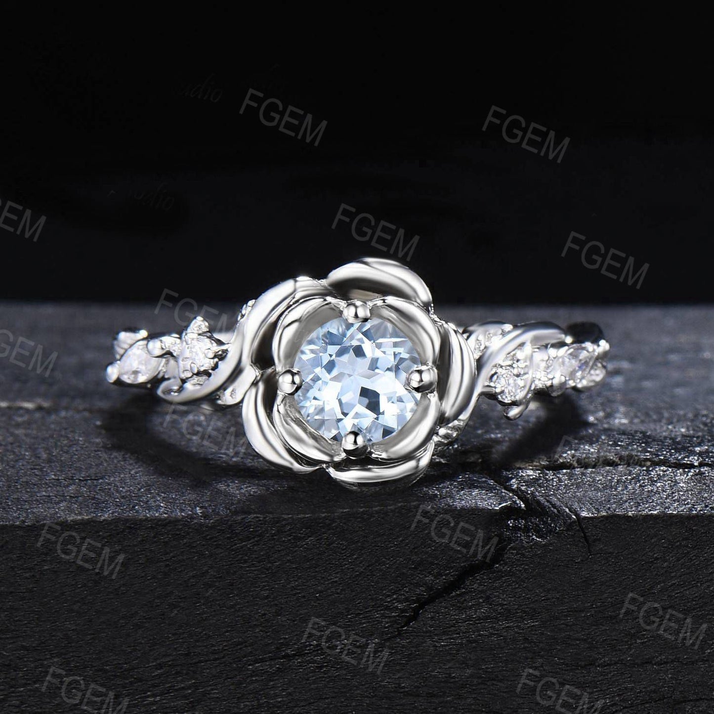 14K White Gold Natural Aquamarine Engagement Ring Nature Inspired Leaf Moissanite Bridal Set Round Aquamarine Ring Set March Birthstone Gift