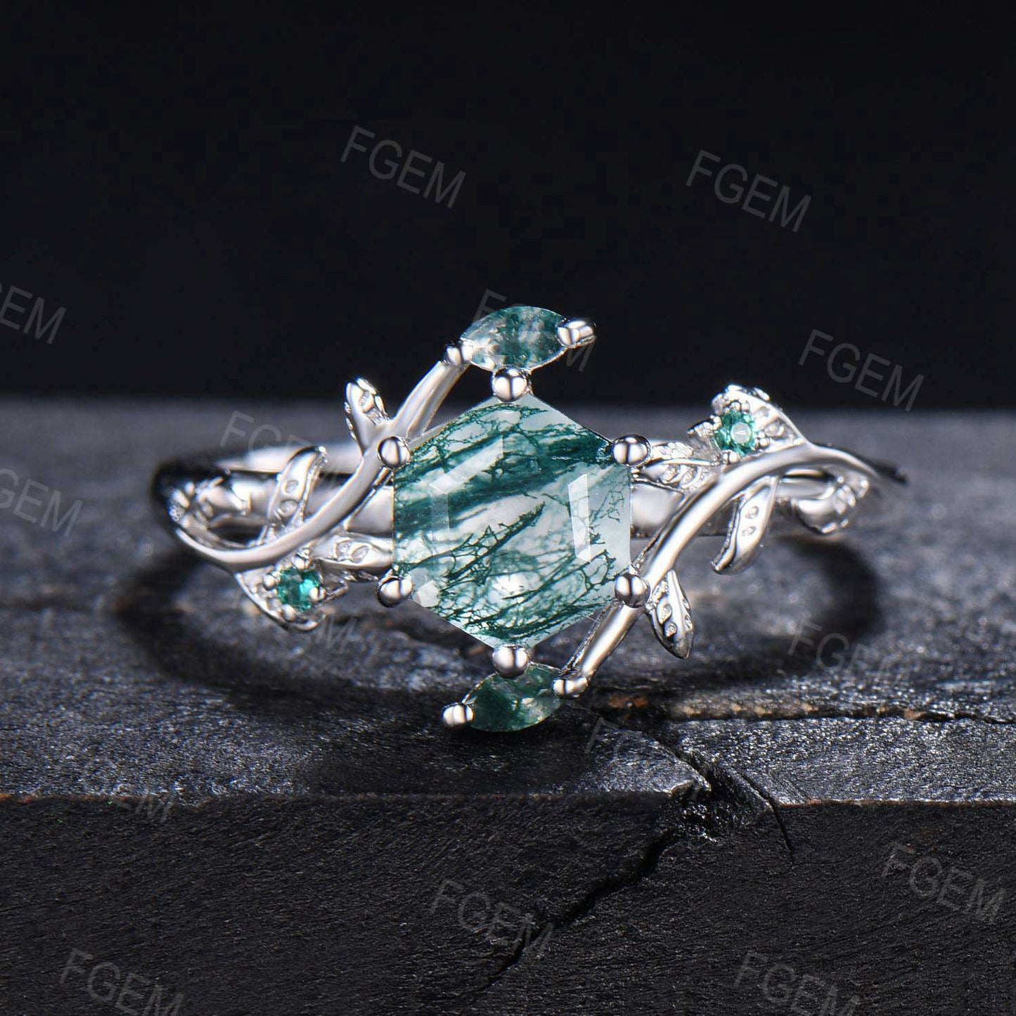 Nature Inspired Natural Moss Agate Ring Vintage 1ct Hexagon Engagement Ring Branch Leaf Cluster Emerald Ring Green Gemstone Proposal Gift