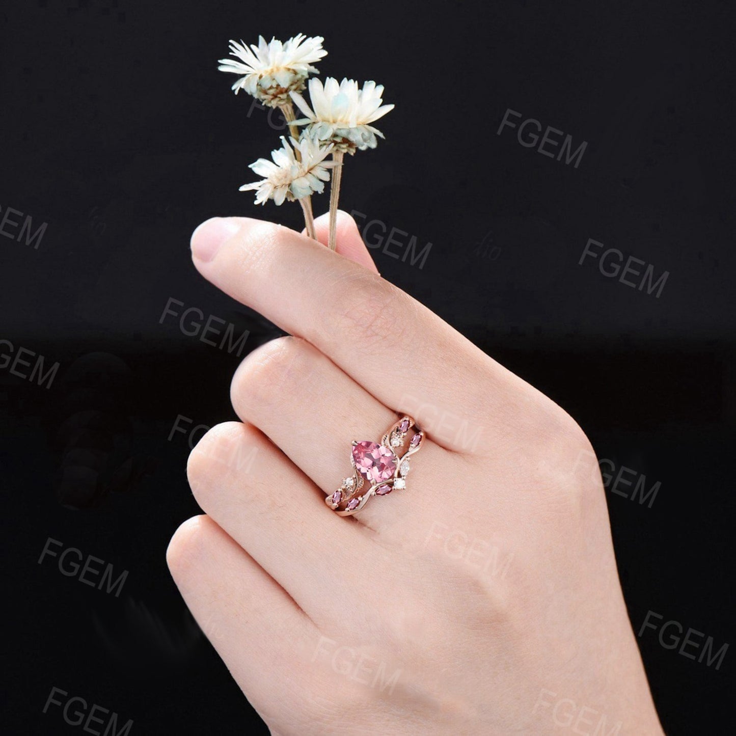 Art Deco Pear Peach Sapphire Engagement Ring Rose Gold Nature Inspired Padparadscha Sapphire Ring Set Branch Leaf Pink Tourmaline Bridal Set