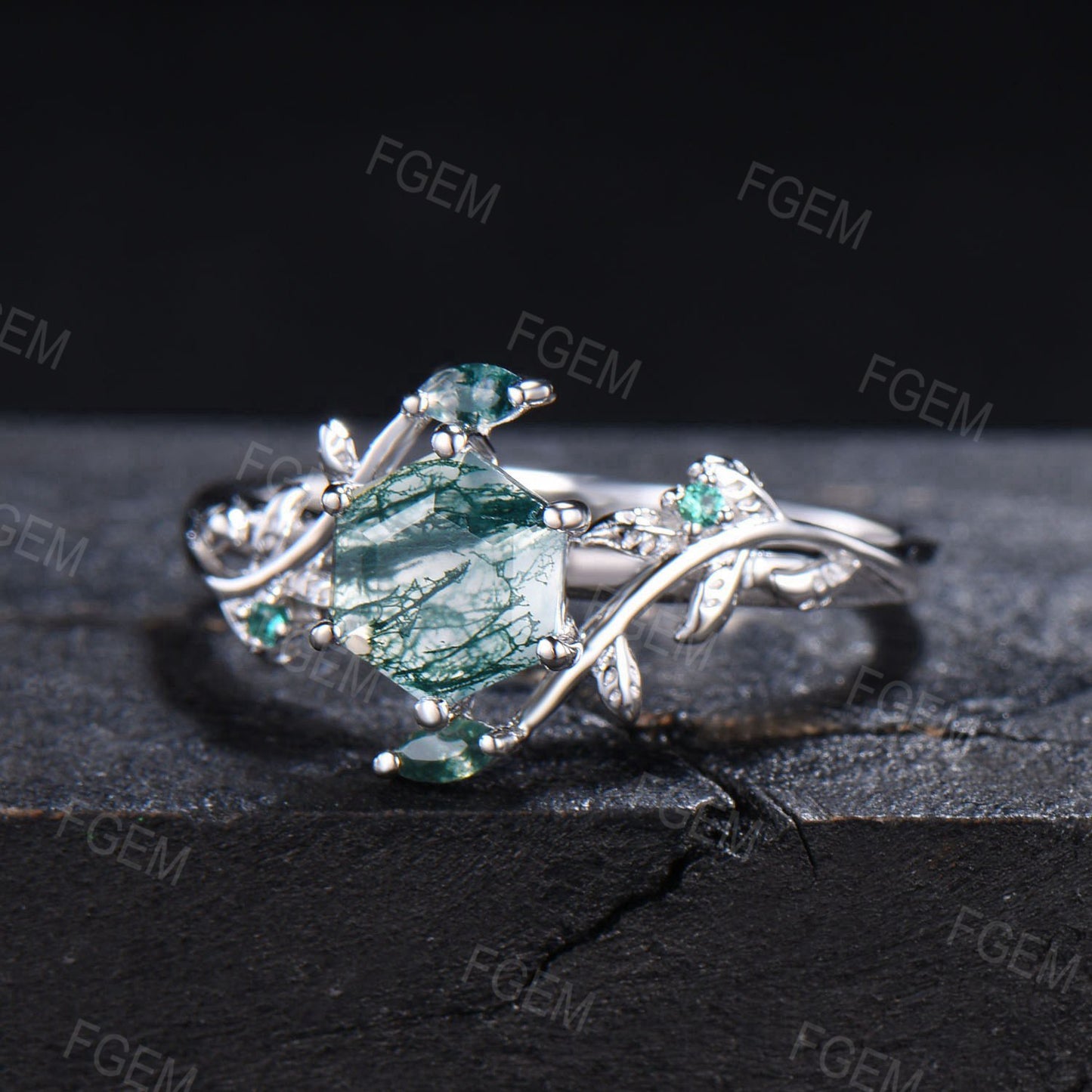 Nature Inspired Natural Moss Agate Ring Vintage 1ct Hexagon Engagement Ring Branch Leaf Cluster Emerald Ring Green Gemstone Proposal Gift