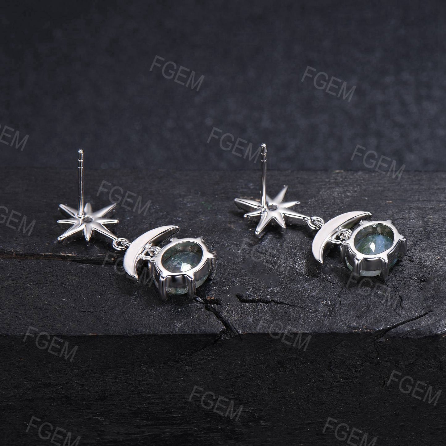 Natural Moss Agate Starburst Moon Earring Sterling Silver Oval Cut Aquate Agate Earrings Unique Anniversary Gift for Women