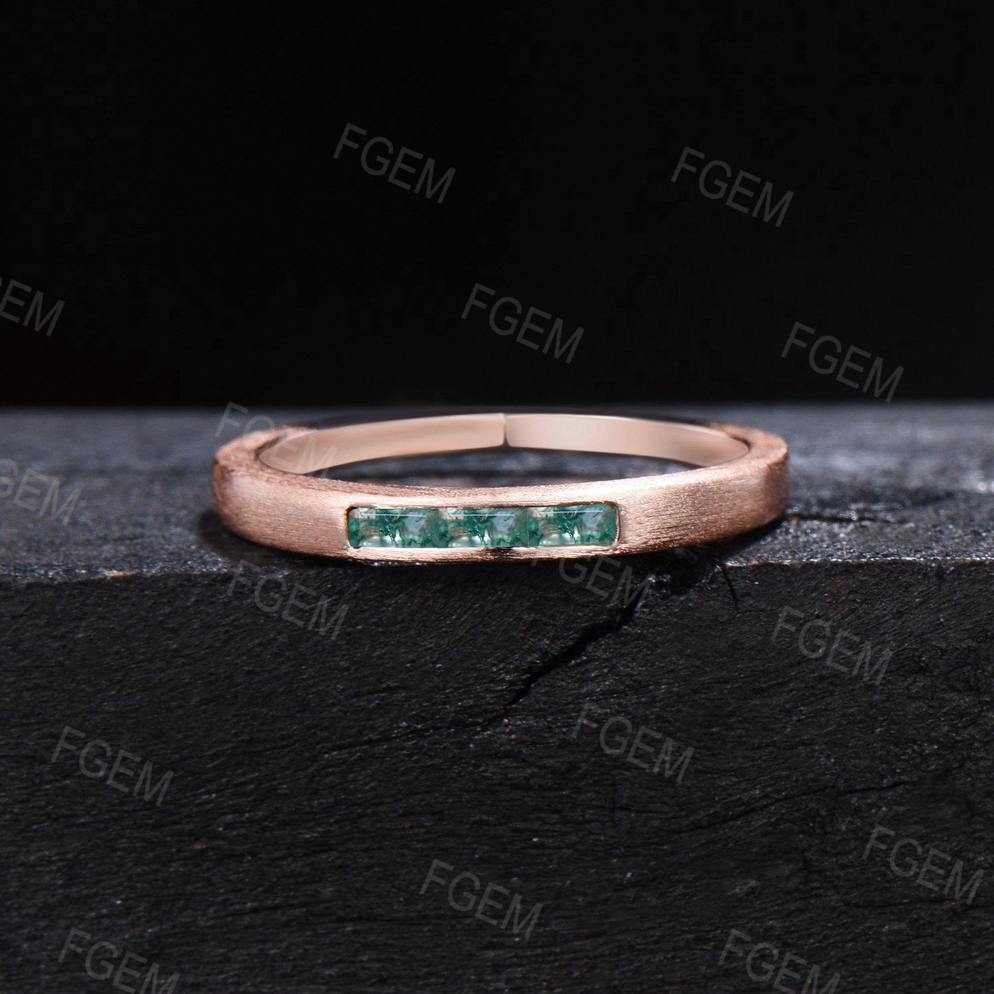 2.5mm Baguette Natural Moss Agate Wedding Band 14k Rose Gold Brushed Band Ring Vintage Green Moss Stackable Bridal Band Birthday Women Gift