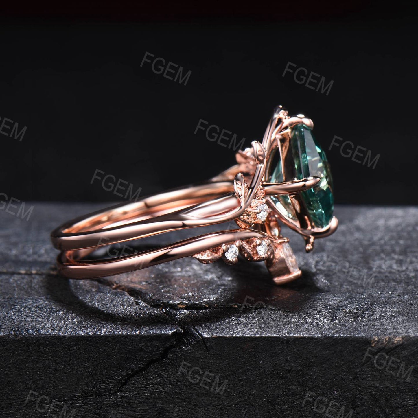 Nature Inspired Green Sapphire Moissanite Ring Set 7mm Princess Cut Green Blue Montana Teal Sapphire Branch Leaf Engagement Ring Anniversary Gift for Women