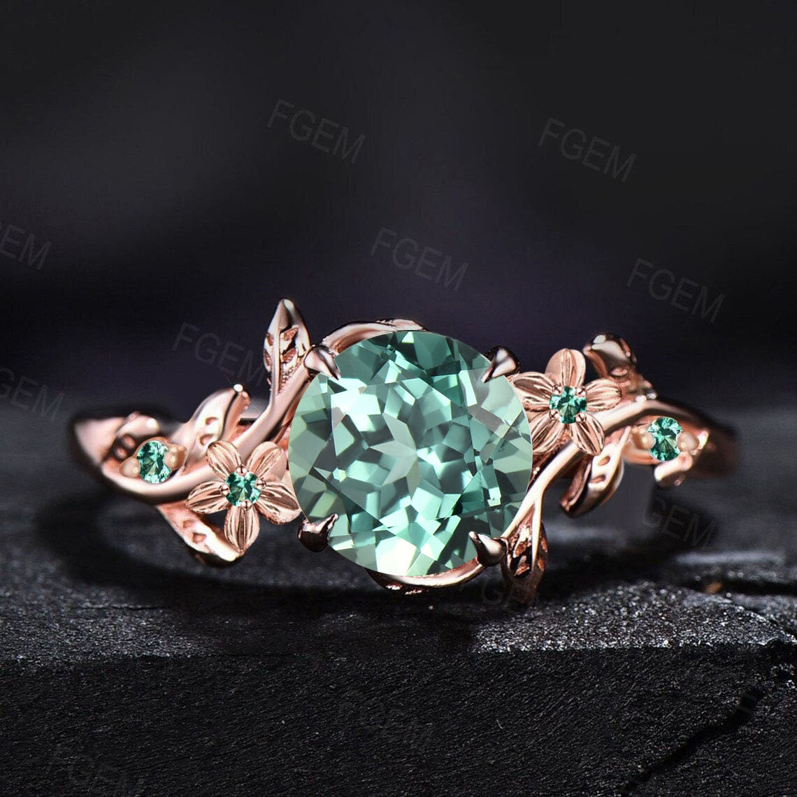 Nature Inspired Round Green Sapphire Floral Wedding Ring Green Emerald Ring Branch Promise Ring Unique Graduation/Anniversary Gifts