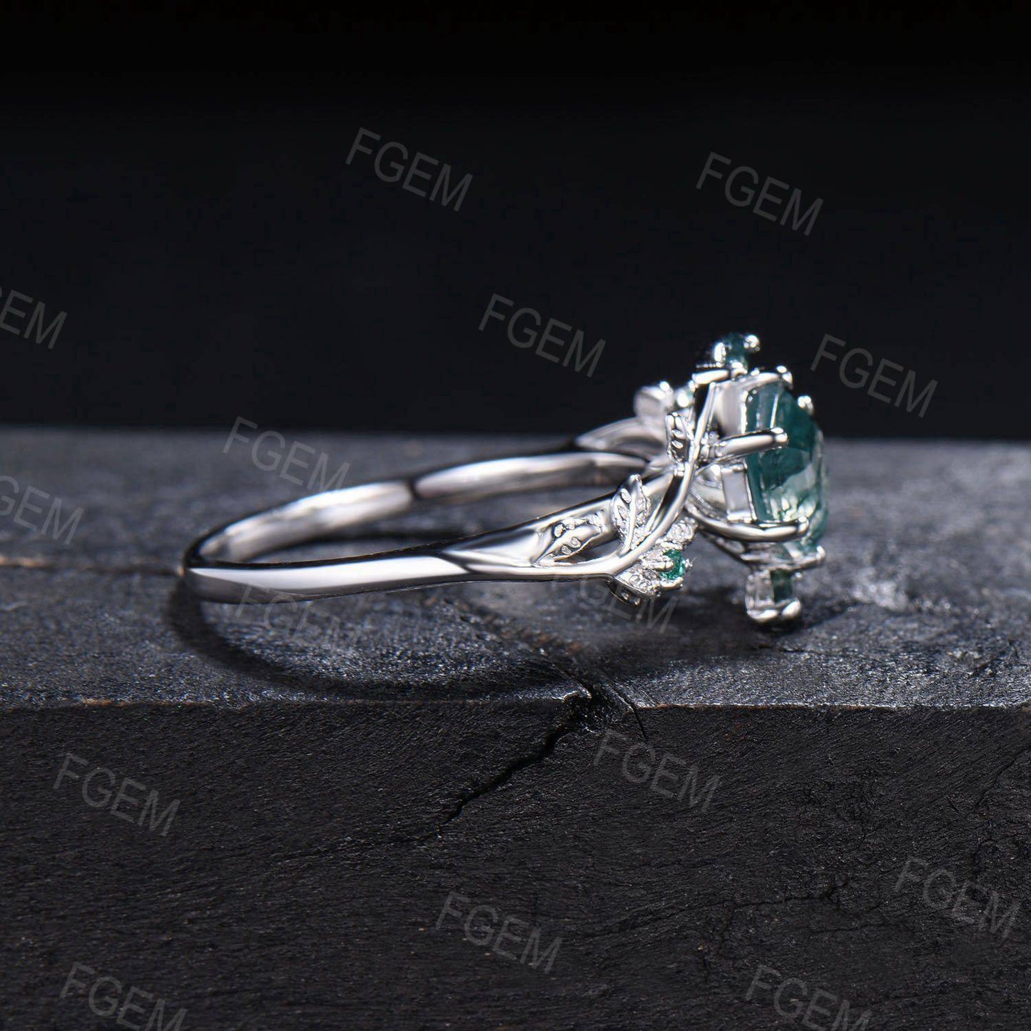 Nature Inspired Natural Moss Agate Ring Vintage 1ct Hexagon Engagement Ring Branch Leaf Cluster Emerald Ring Green Gemstone Proposal Gift