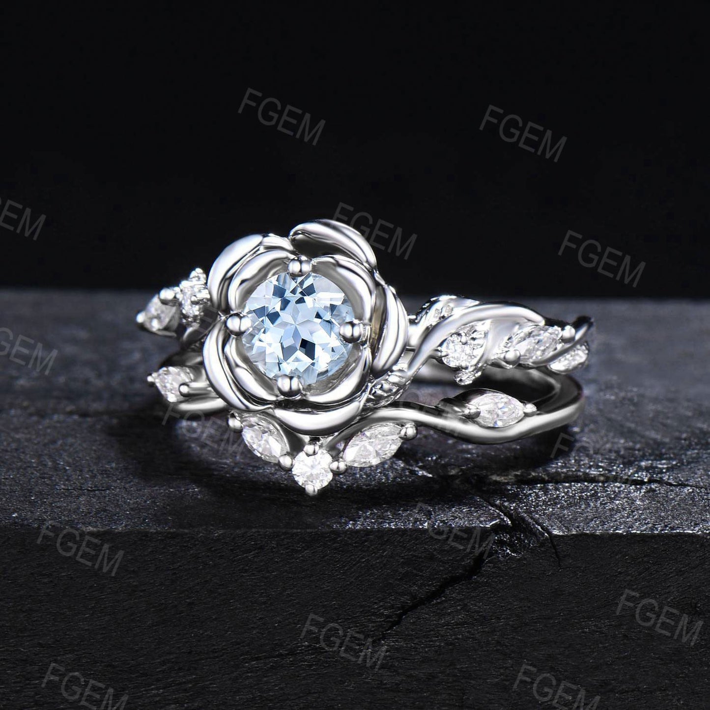 14K White Gold Natural Aquamarine Engagement Ring Nature Inspired Leaf Moissanite Bridal Set Round Aquamarine Ring Set March Birthstone Gift