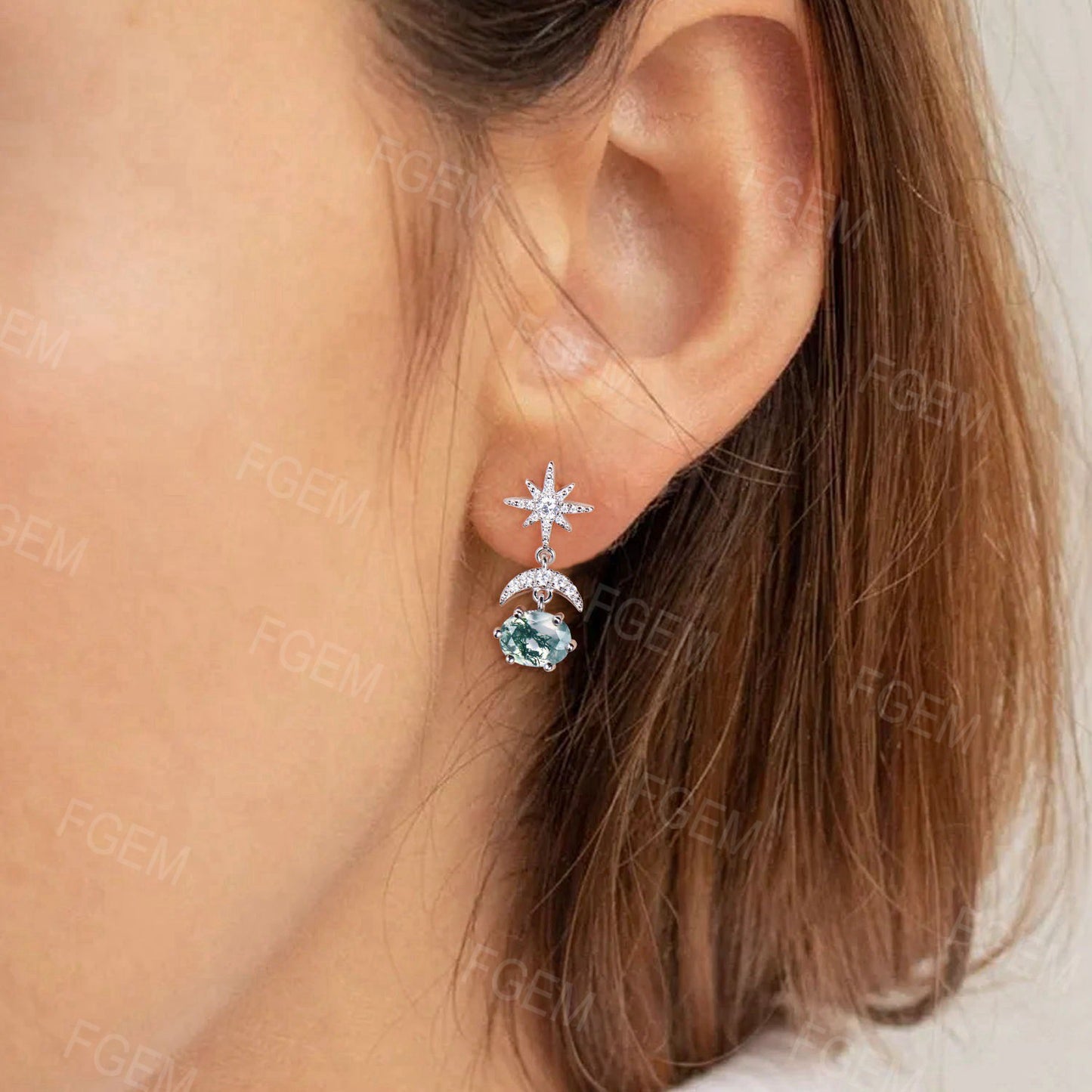 Natural Moss Agate Starburst Moon Earring Sterling Silver Oval Cut Aquate Agate Earrings Unique Anniversary Gift for Women