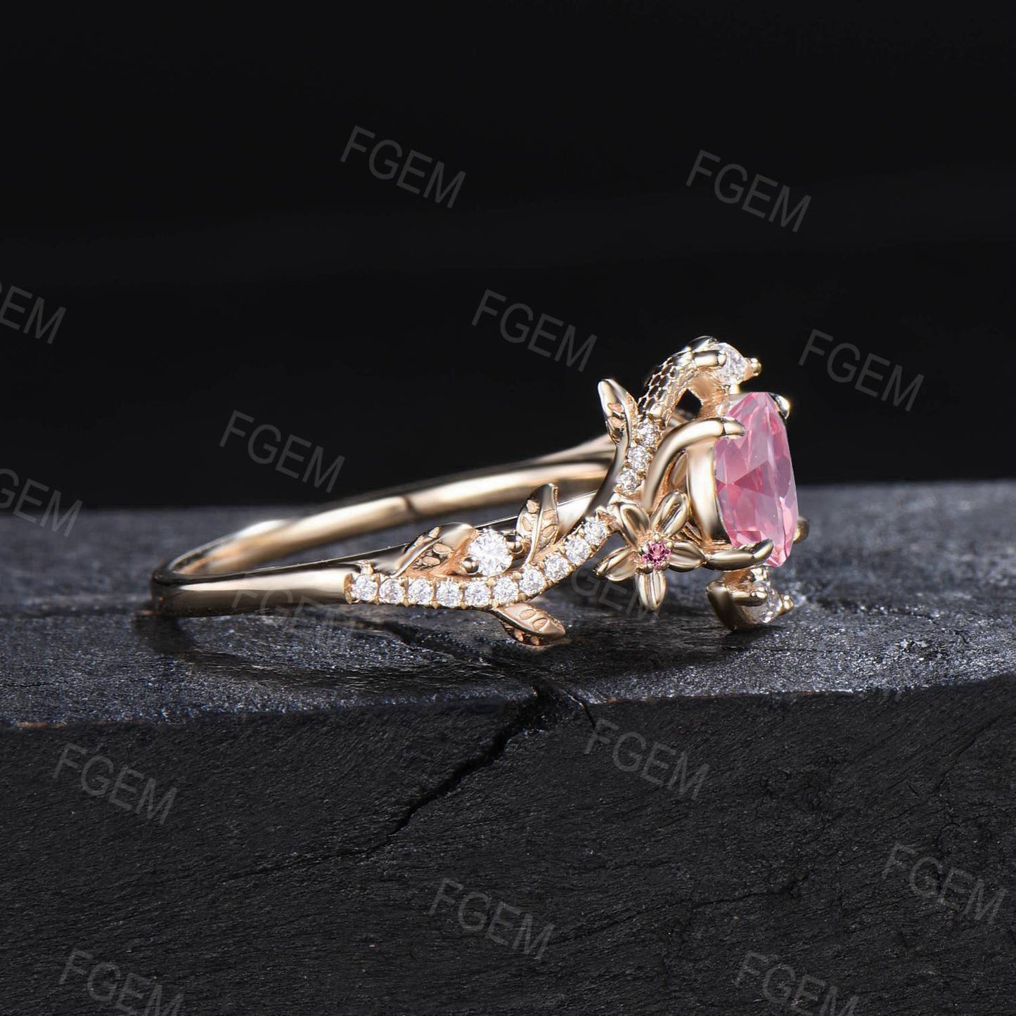 Double Snake Pink Sapphire Engagement Ring Gold Round Padparadscha Sapphire Floral Wedding Ring Serpent Moissanite Diamond Ring Gothic Ring