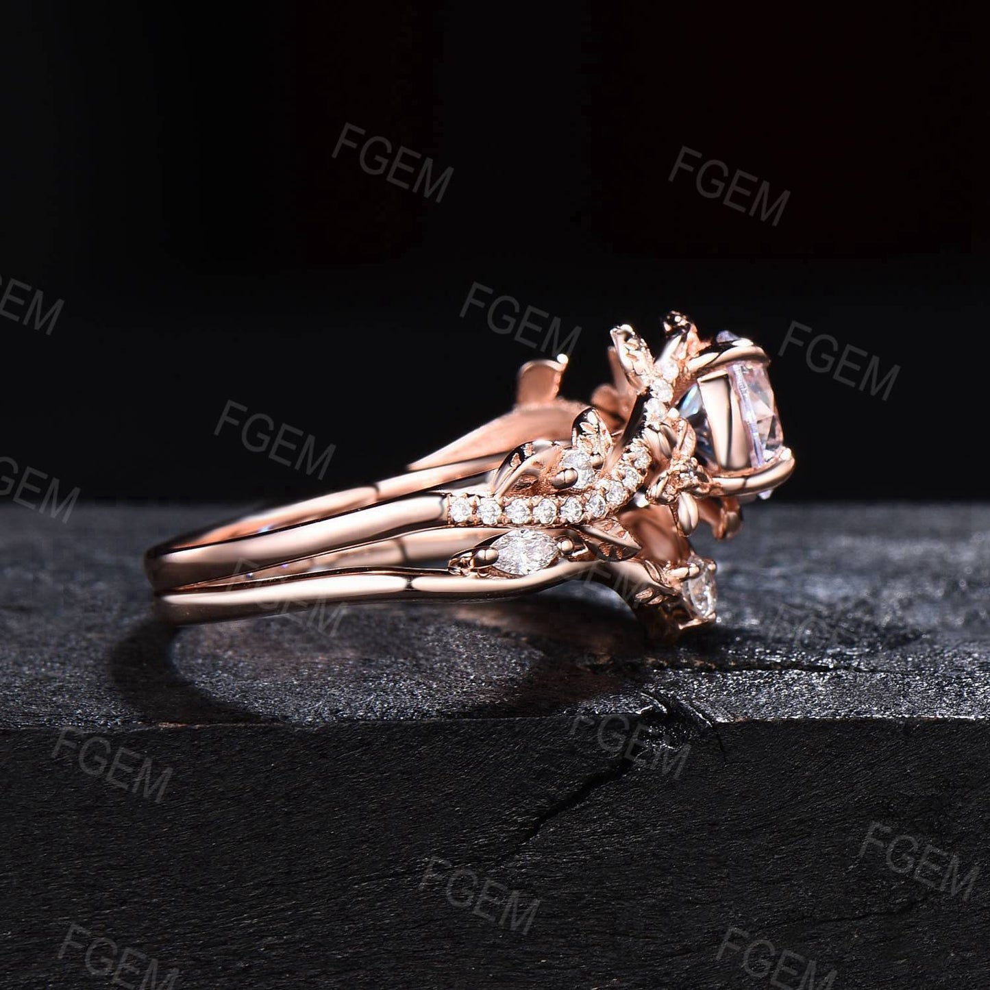 Unique Branch Leaf Moissanite Engagement Ring Set Rose Gold Bypass Ring Round Moissanite Diamond Bridal Set Floral Pave Ring Proposal Gift