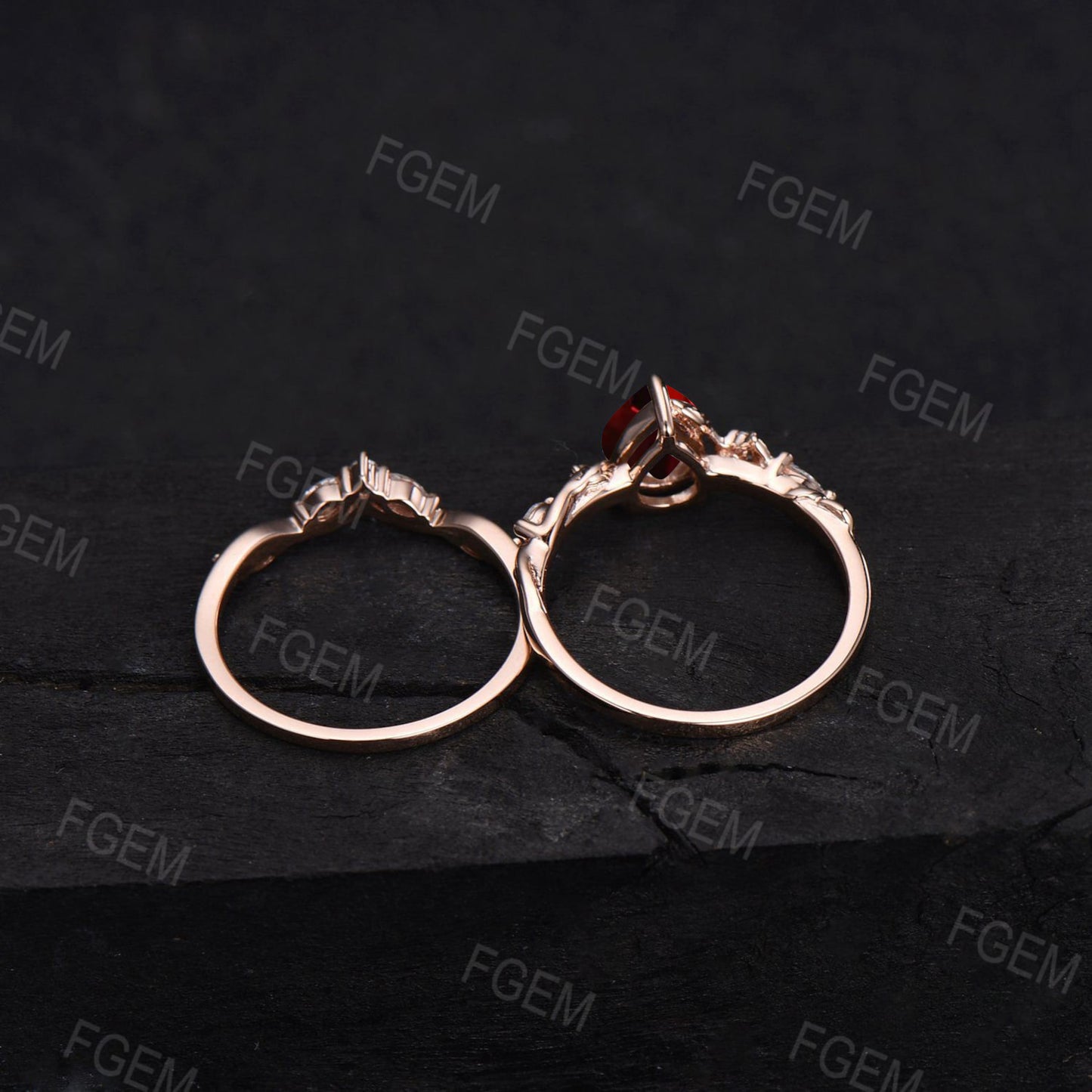 Pear Natural Garnet Engagement Ring Set Nature Inspired Jewelry 14K Rose/Black Gold Twig Vine Red Garnet Bridal Set January Birthstone Gift