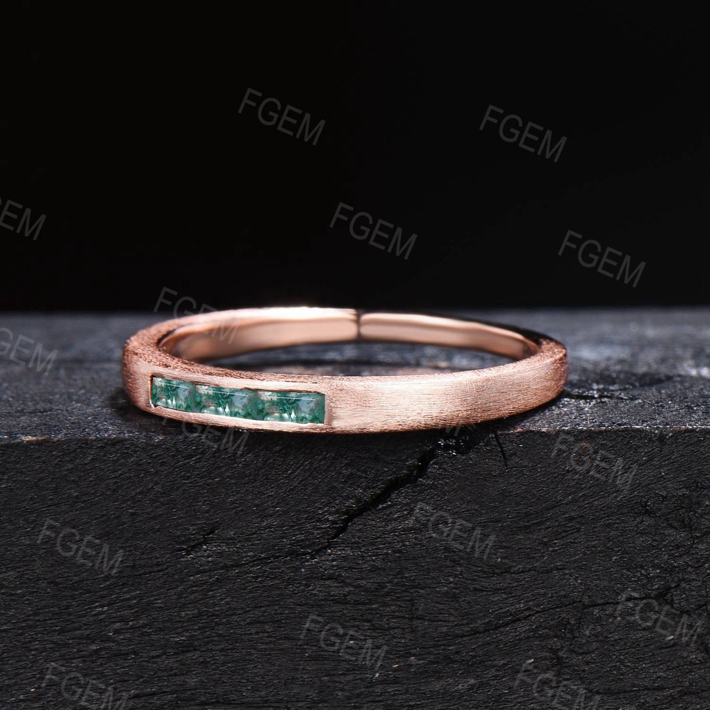 2.5mm Baguette Natural Moss Agate Wedding Band 14k Rose Gold Brushed Band Ring Vintage Green Moss Stackable Bridal Band Birthday Women Gift