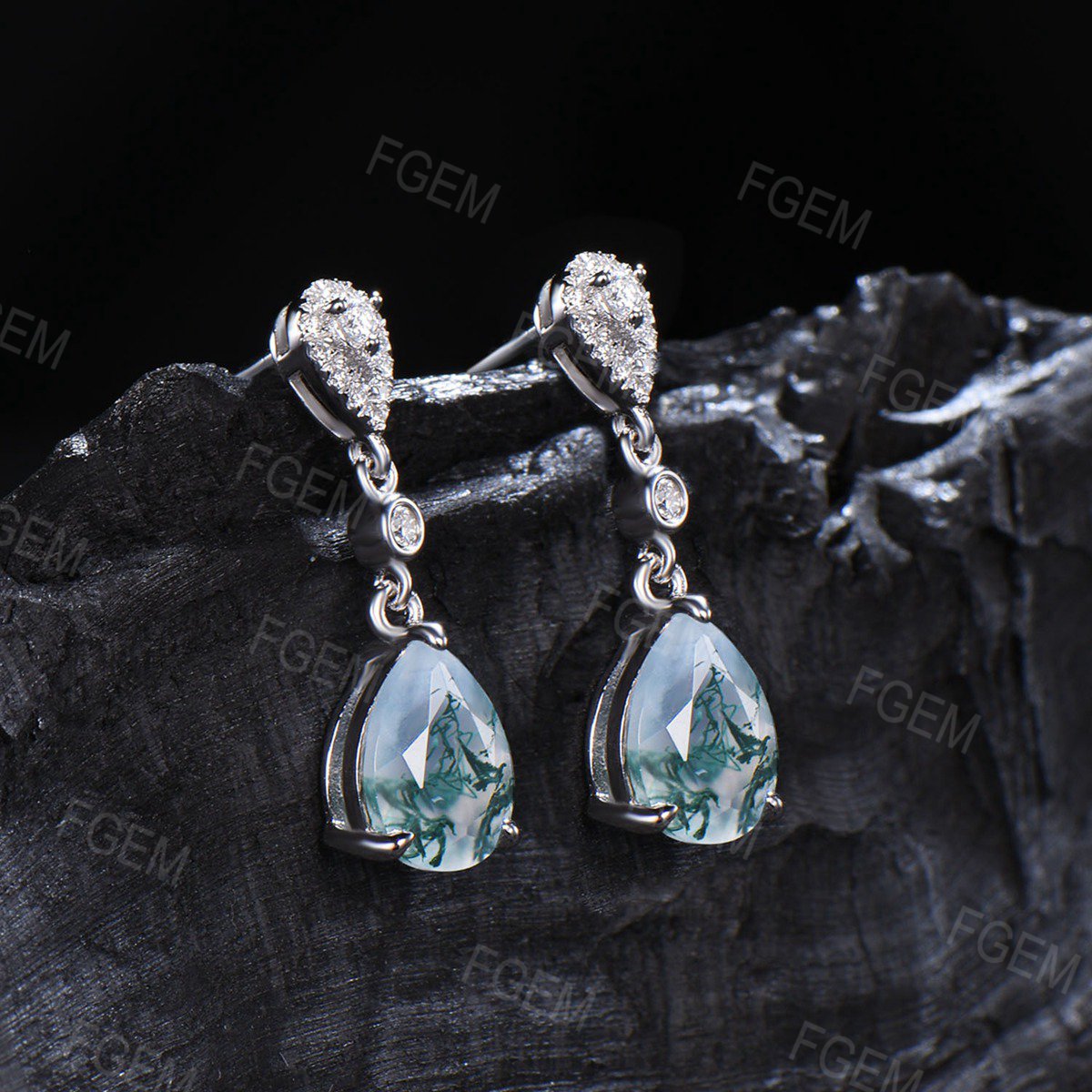 Moss Agate Necklace Earrings Jewelry Set Vintage Teardrop Natural Agate Necklace Rose Gold Leaf Vine Dangle Drops Emerald Bridesmaid Jewelry