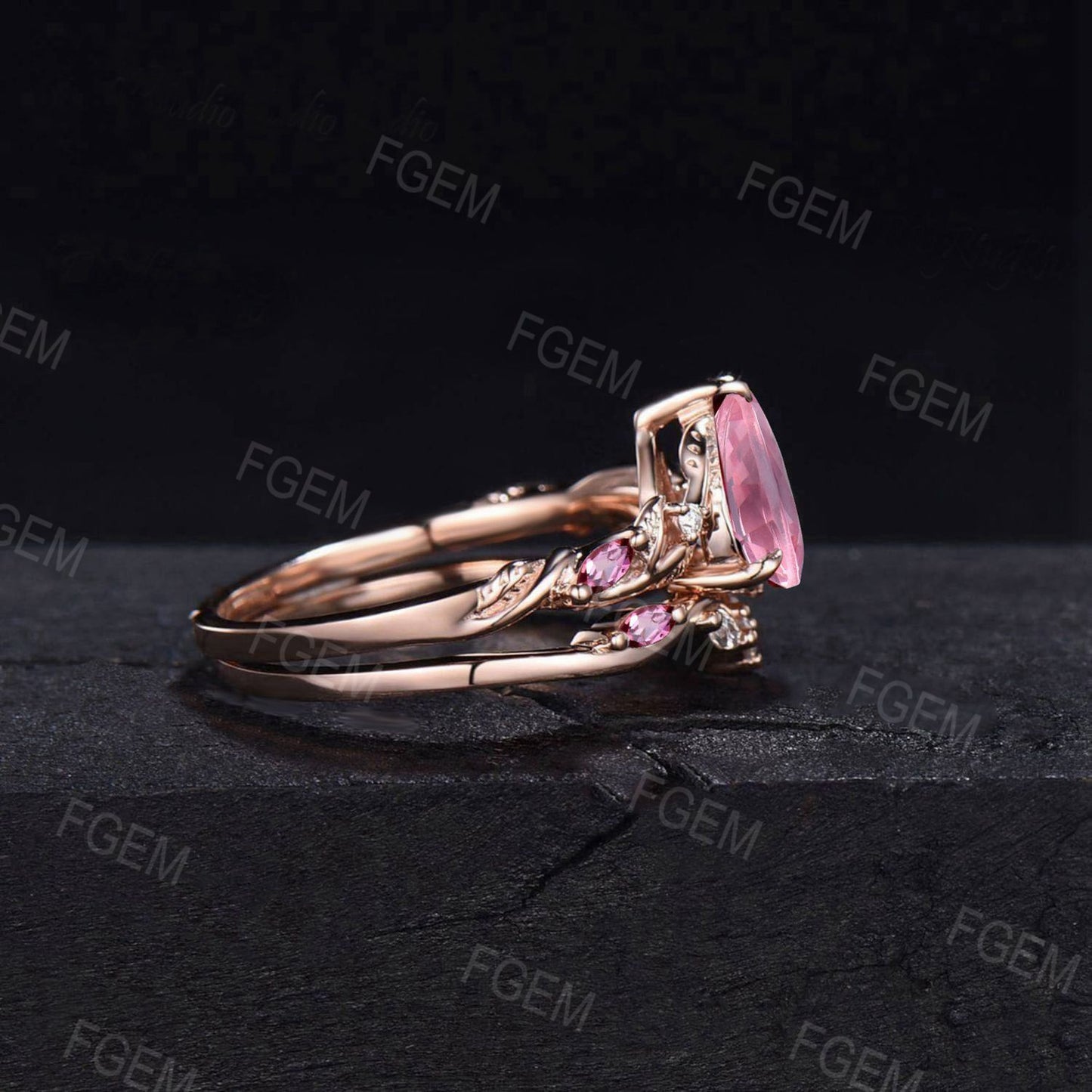 Art Deco Pear Peach Sapphire Engagement Ring Rose Gold Nature Inspired Padparadscha Sapphire Ring Set Branch Leaf Pink Tourmaline Bridal Set