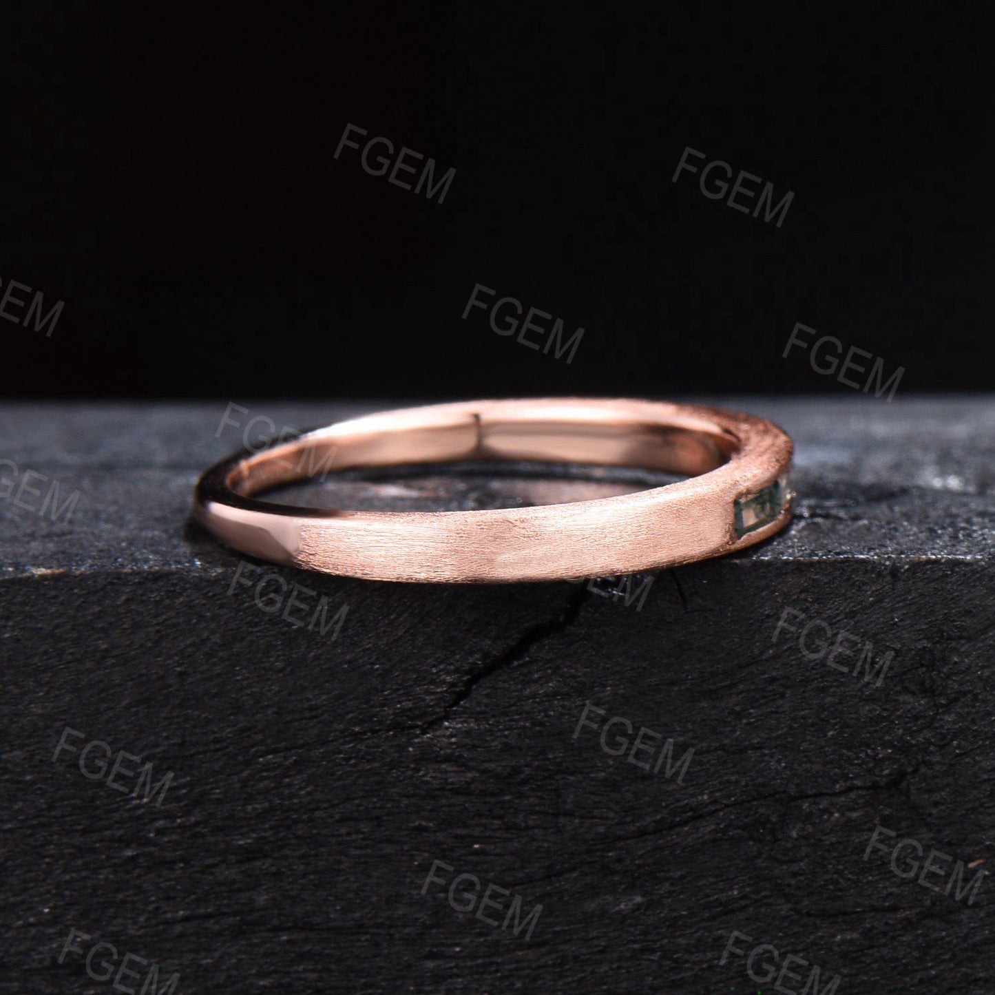 2.5mm Baguette Natural Moss Agate Wedding Band 14k Rose Gold Brushed Band Ring Vintage Green Moss Stackable Bridal Band Birthday Women Gift