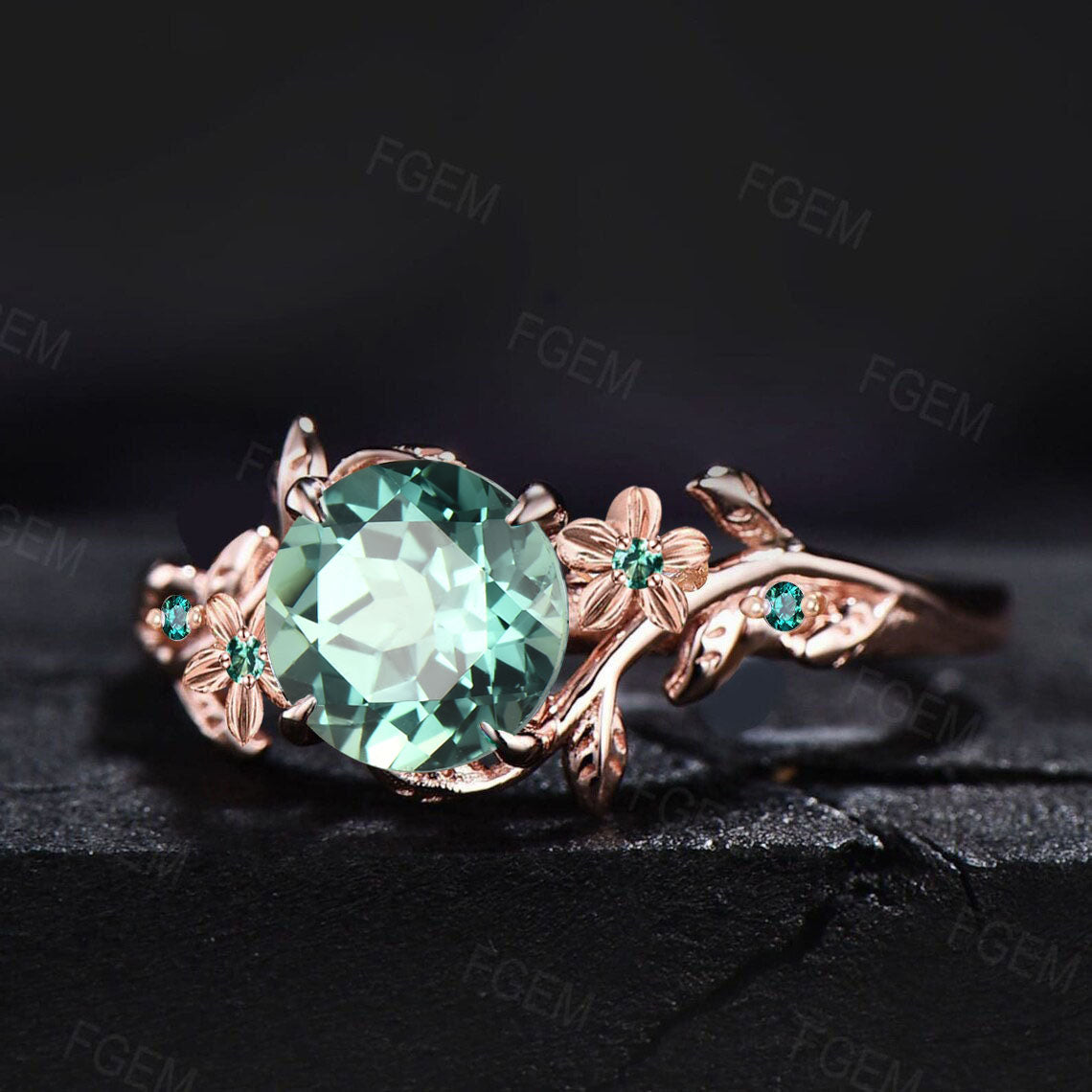 Nature Inspired Round Green Sapphire Floral Wedding Ring Green Emerald Ring Branch Promise Ring Unique Graduation/Anniversary Gifts