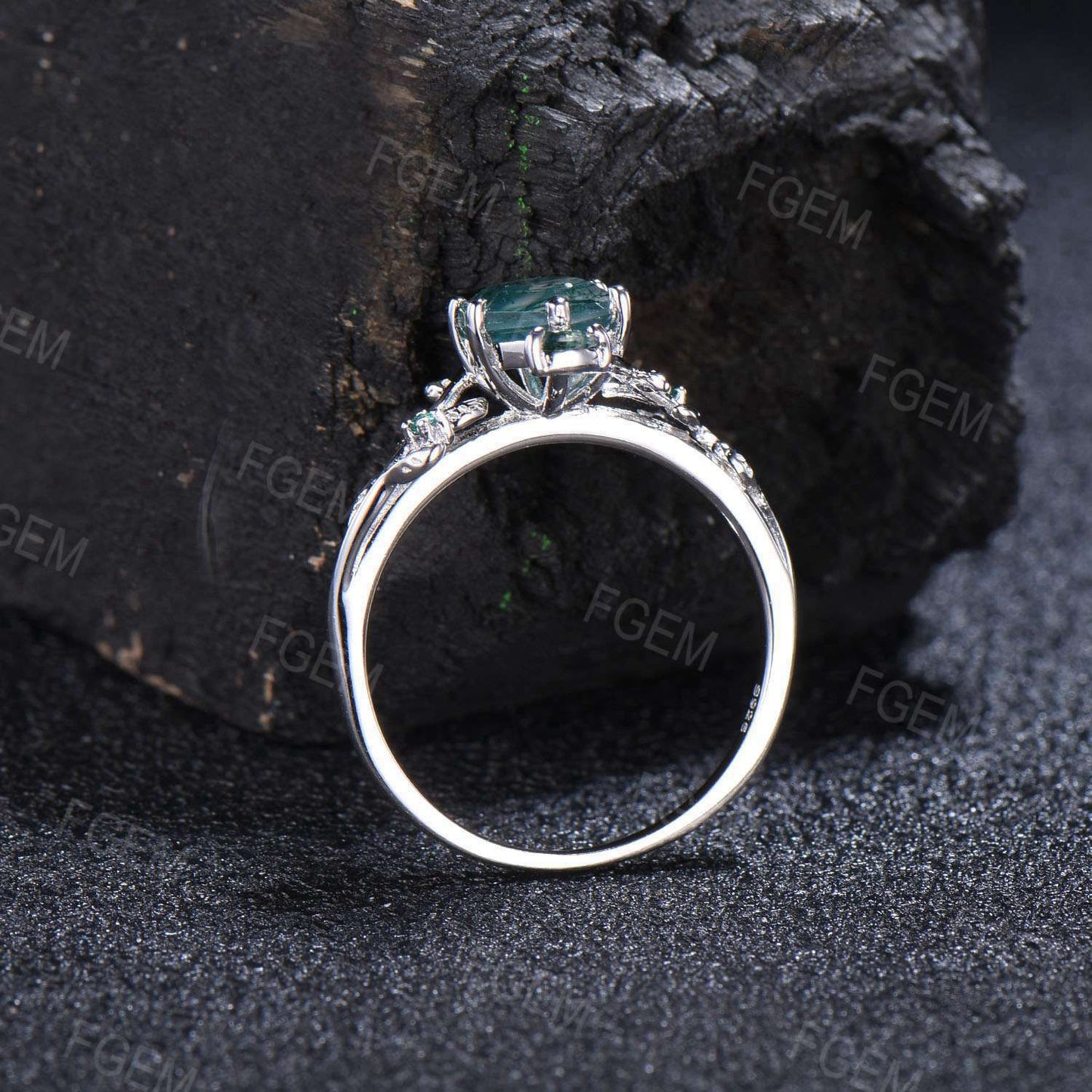 Nature Inspired Natural Moss Agate Ring Vintage 1ct Hexagon Engagement Ring Branch Leaf Cluster Emerald Ring Green Gemstone Proposal Gift