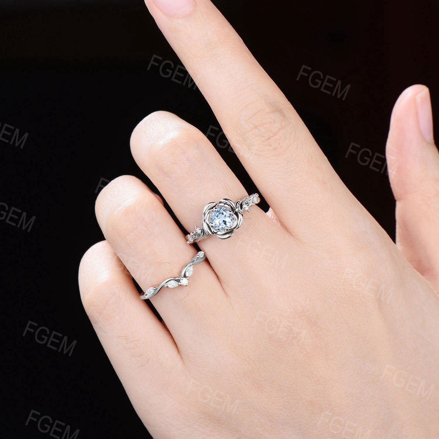 14K White Gold Natural Aquamarine Engagement Ring Nature Inspired Leaf Moissanite Bridal Set Round Aquamarine Ring Set March Birthstone Gift