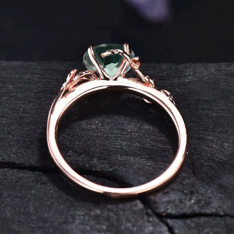 Nature Inspired Round Green Sapphire Floral Wedding Ring Green Emerald Ring Branch Promise Ring Unique Graduation/Anniversary Gifts