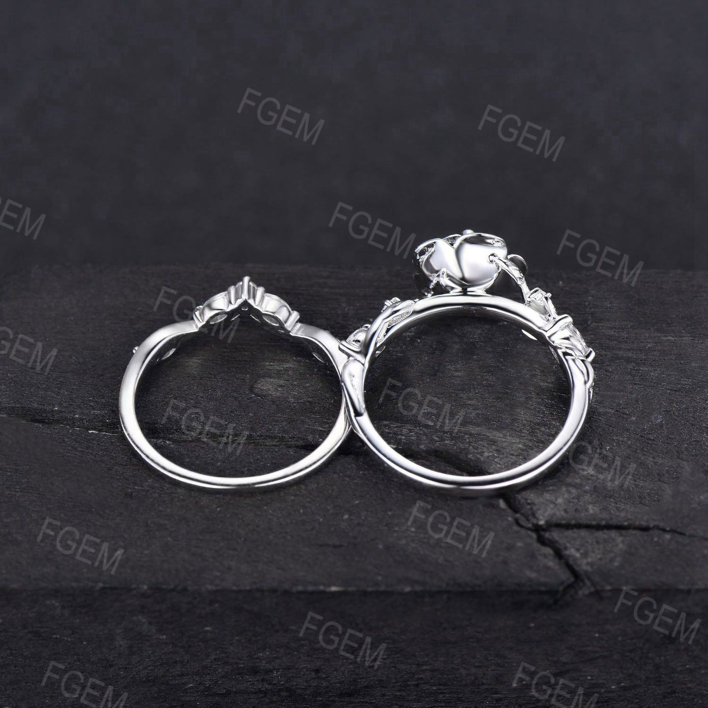 14K White Gold Natural Aquamarine Engagement Ring Nature Inspired Leaf Moissanite Bridal Set Round Aquamarine Ring Set March Birthstone Gift