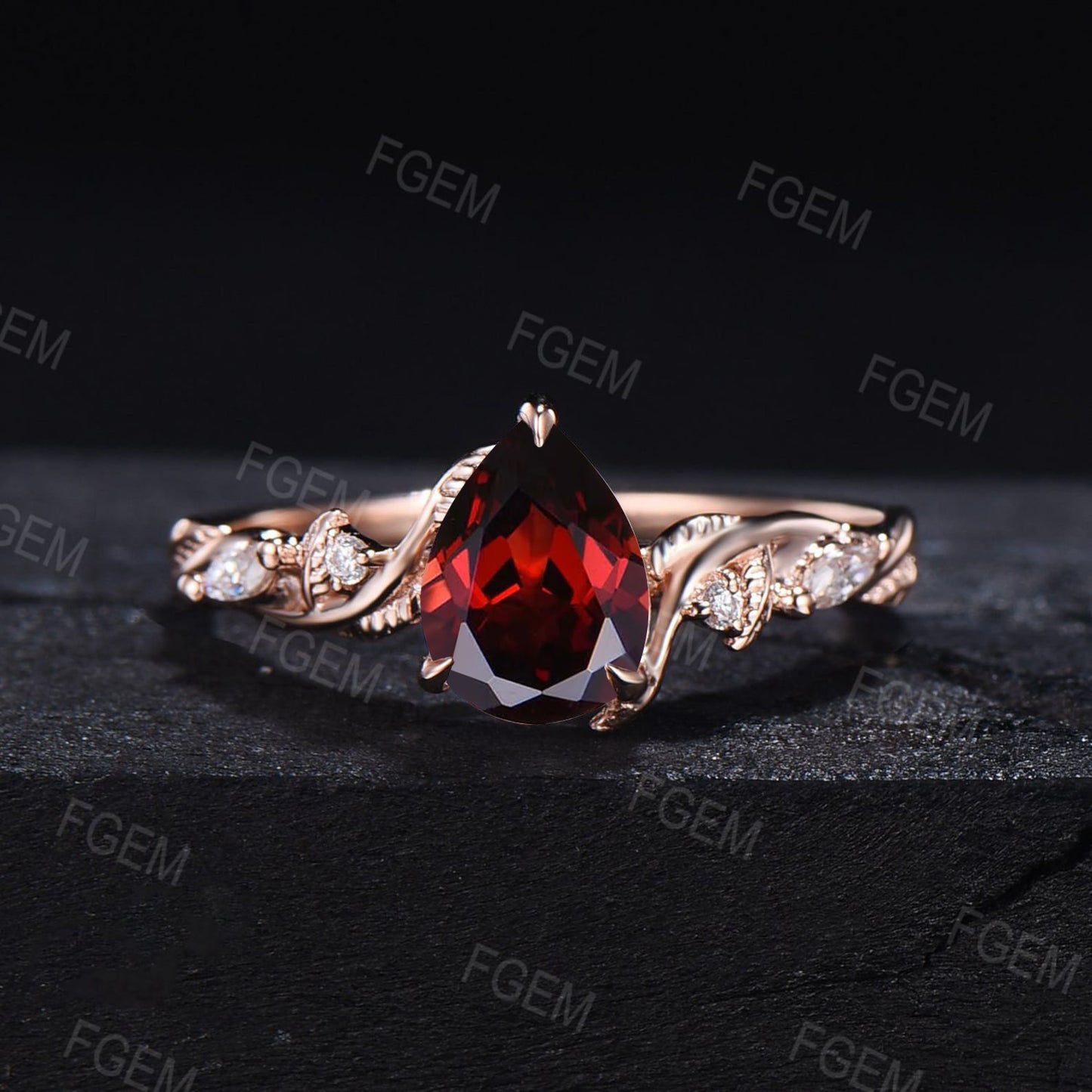 Pear Natural Garnet Engagement Ring Set Nature Inspired Jewelry 14K Rose/Black Gold Twig Vine Red Garnet Bridal Set January Birthstone Gift