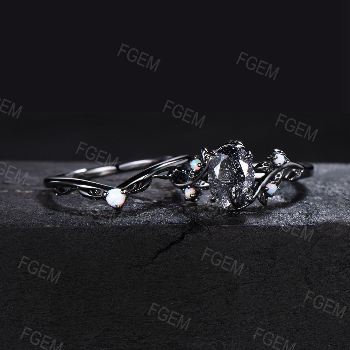 Vintage Black Rutilated Quartz Engagement Ring Oval Natural Black Gemstone Ring Black Gold White Opal Wedding Ring Anniversary Gift for Him