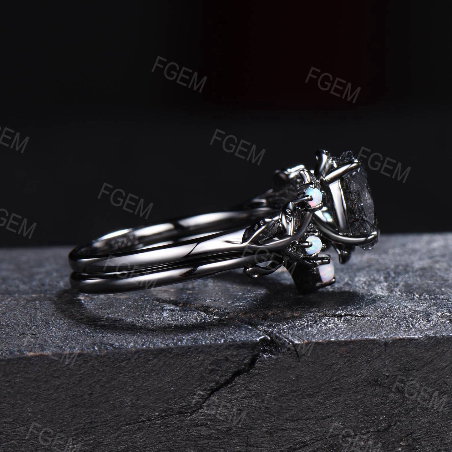 Vintage Black Rutilated Quartz Engagement Ring Oval Natural Black Gemstone Ring Black Gold White Opal Wedding Ring Anniversary Gift for Him