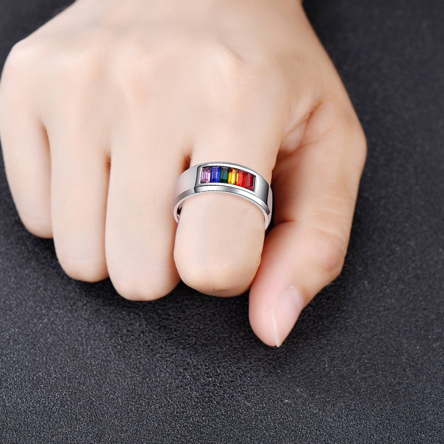 14K White Gold Genuine Multi-Gemstone Rainbow Anniversary Promise Band LGBT Engagement Ring Best Friend Gift Colors Of My Pride Gay Pride Ring