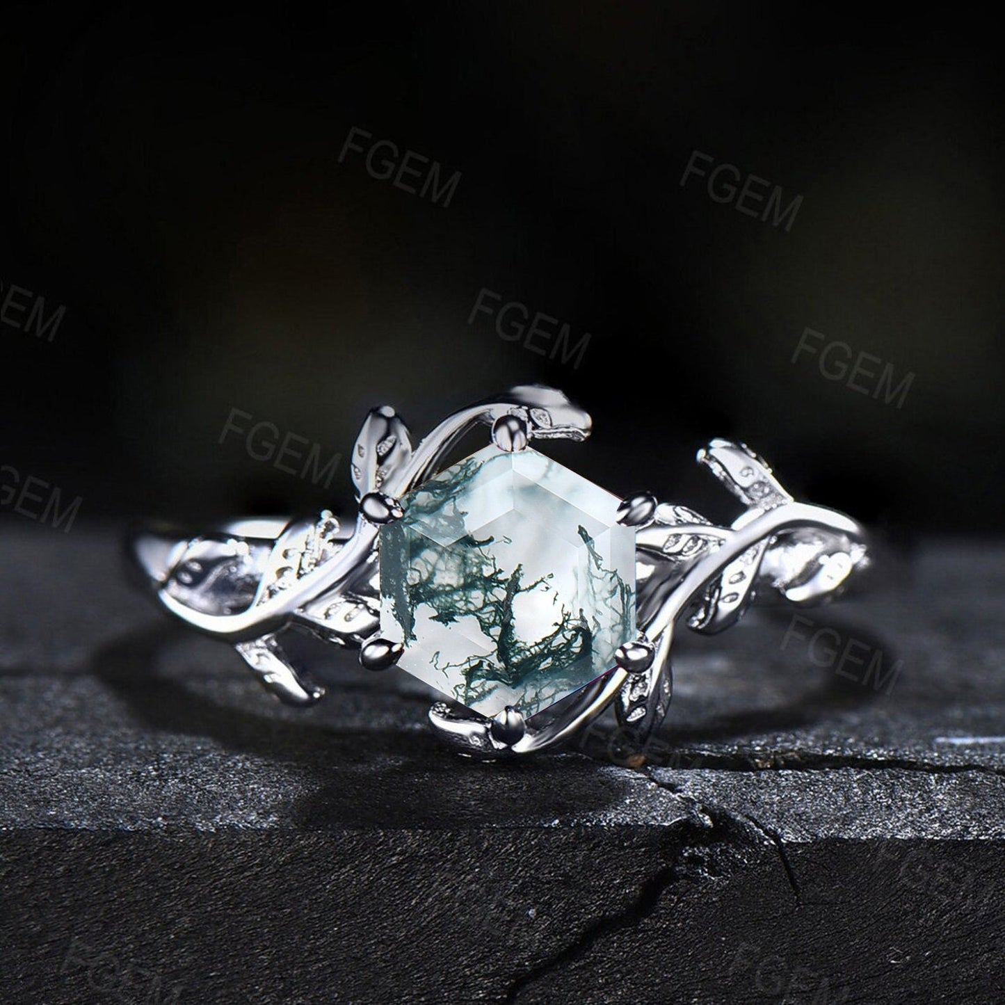1ct Hexagon Natural Moss Agate Bridal Set 10K White Gold Nature Inspired Twig Leaf Green Agate Wedding Ring Celtic Trinity Knot Wedding Ring